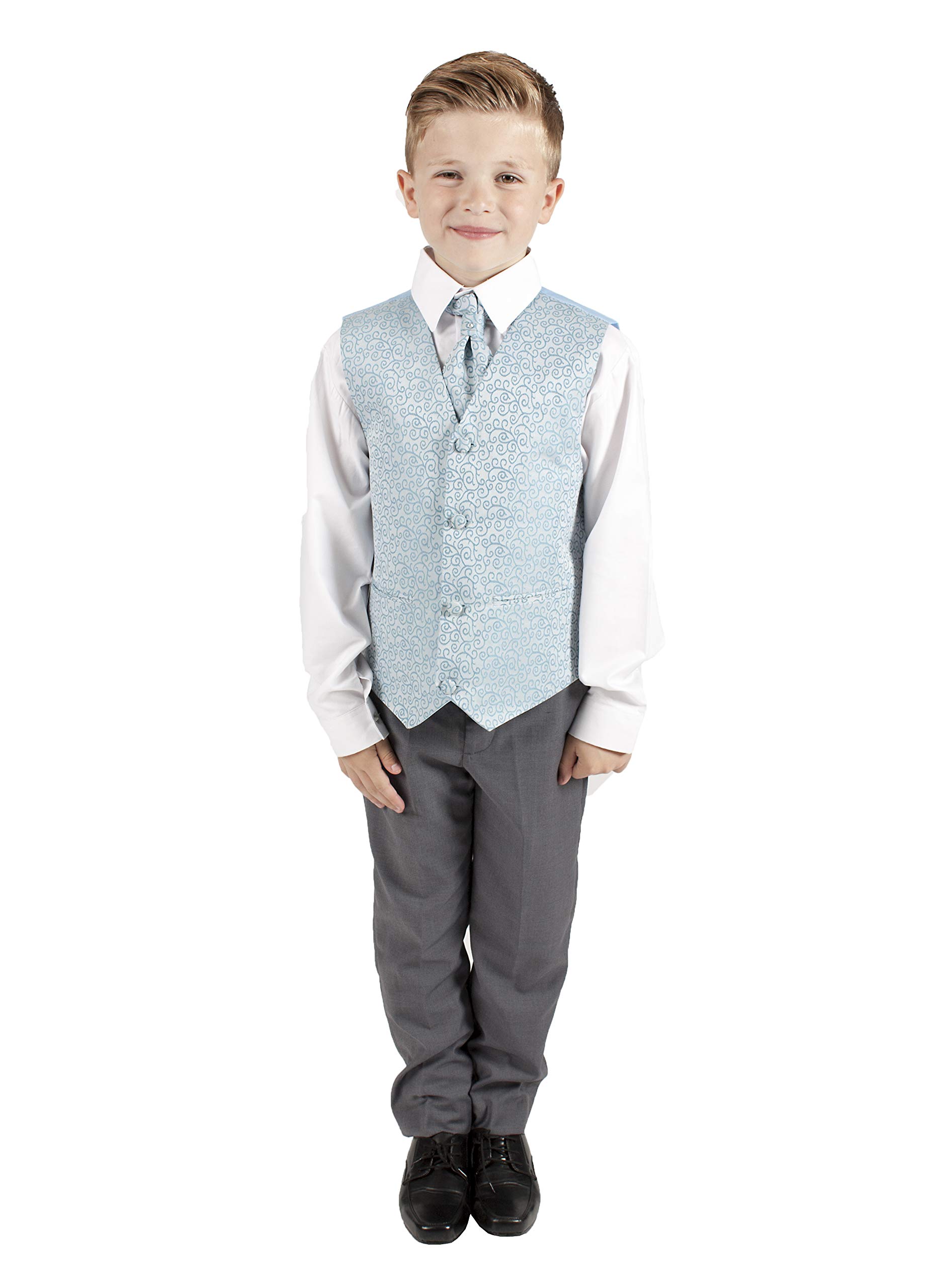 Boys 4 Piece Grey Swirl Waistcoat Suit in Blue