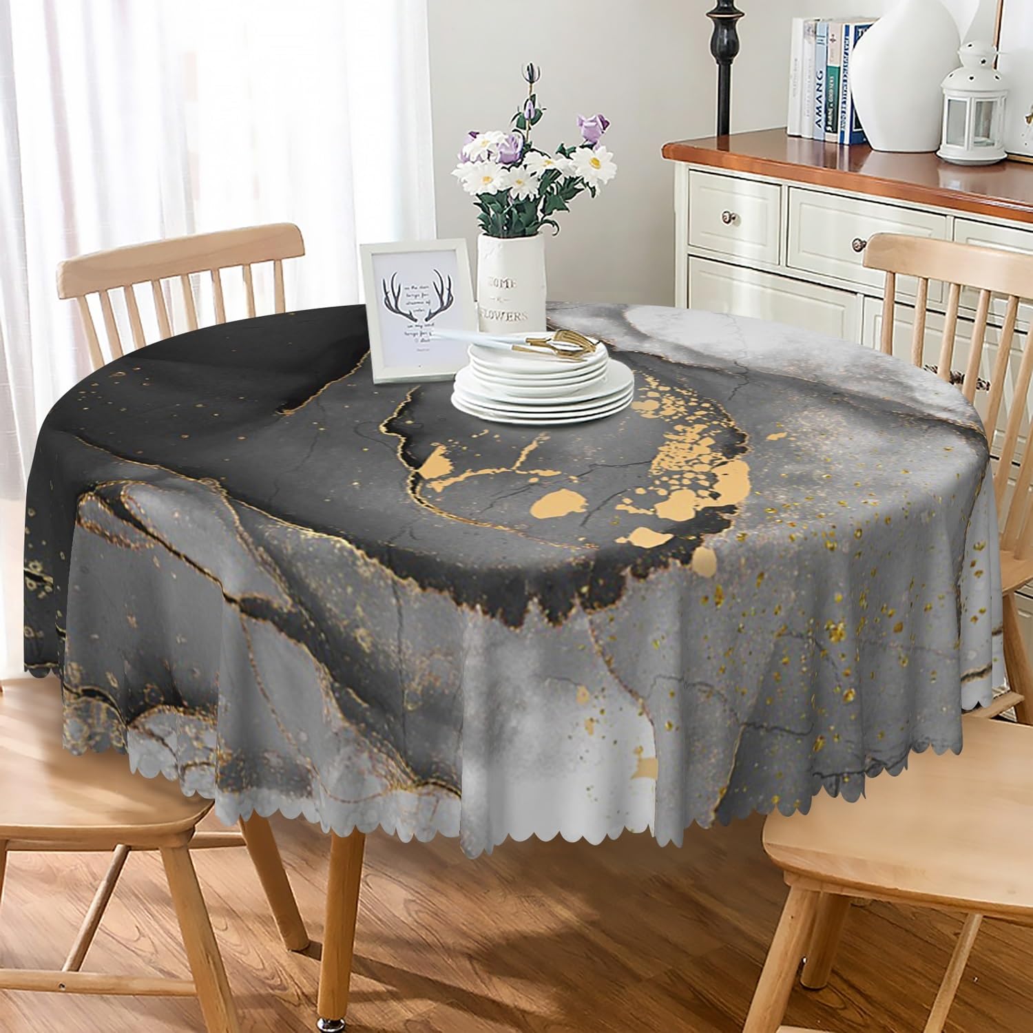 TTQYFNM Black Grey Marble Round Tablecloth 60 Inch Abstract Art Marble Texture Golden Crack Modern Table Cloth Spill proof Oil proof Table Cover for