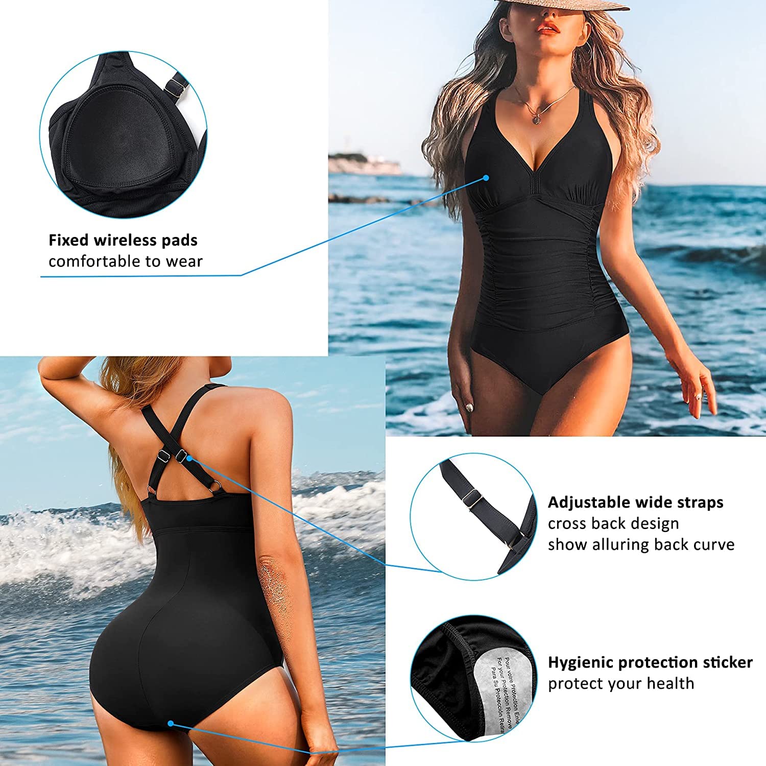 Femme Maillot de Bain Une pièce Plongeant Col V Monokin Contrôle Ventre Body Amincissante Gainant Dos croisé