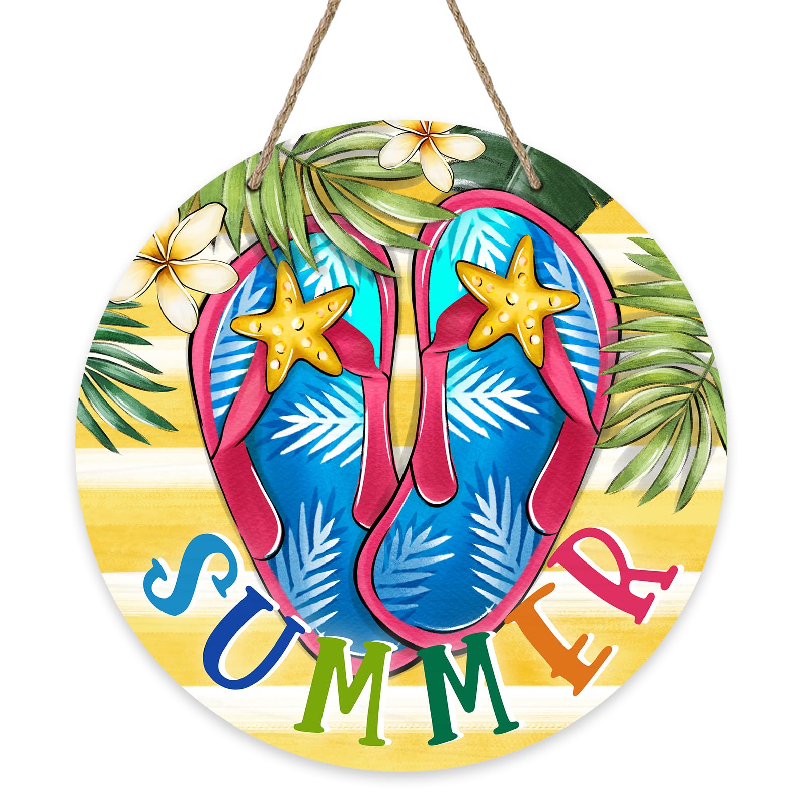 Deroro Summer Beach Flip Flops Front Door Sign, Tropical Hawaii Palm Leaves Flower Wood Door Hanger Outdoor Outside Porch Decor, Yellow Stripes Starfish Wooden Wreath Indoor Wall Hanging Decoration