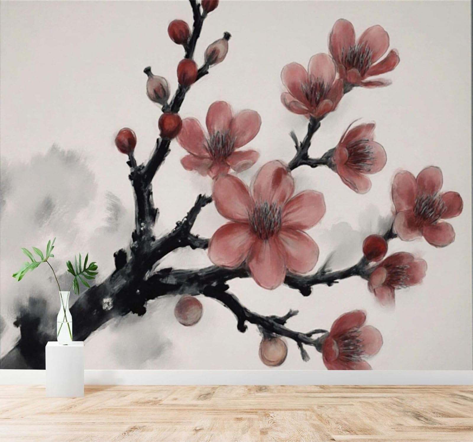 XLMING Hand Painted Ink Wash Red Plum Blossoms Branches Art 3D Wallpaper Silky Texture Home Study Office Grey Dining Room Sofa Bedroom Living Room TV Backdrop-400cm×280cm