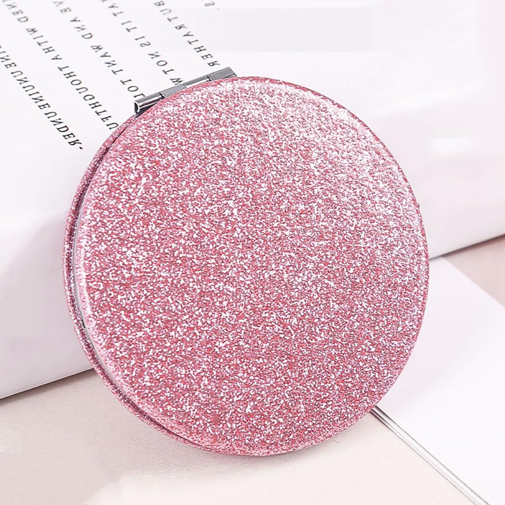 Portable Pink Compact Mirror - Pu Leather Handheld Pocket Purse Mirror with 2x/1x Magnification, Ideal Gift for Women and Girls