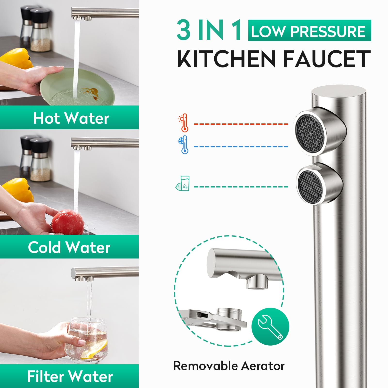 CREA Niederdruck Armatur Küche, 3 Wege Wasserhahn Küche, 360° Drehbar Küchenarmatur, 3 in 1 Mischbatterie für Wasserfilter, Trinkwasserhahn mit 2 Hebel, Drei Wege aus Edelstahl,Gebürstete Oberfläche