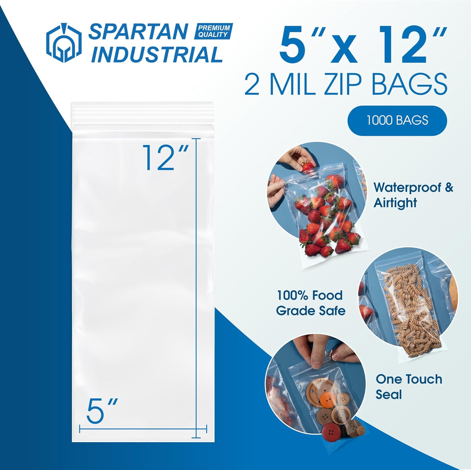 Spartan Industrial - 5” X 12” (1000 Count) 2 Mil Clear Reclosable Zip Plastic Poly Bags with Resealable Lock Seal Zipper
