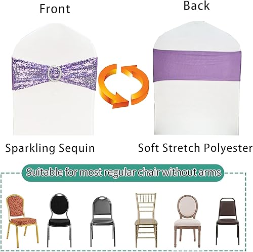 Miniatura 3 de Bandas elásticas de lentejuelas para silla, lazos de poliéster de elastano para fiestas, hoteles, bodas, banquetes, decoración, 6 unidades, lavanda