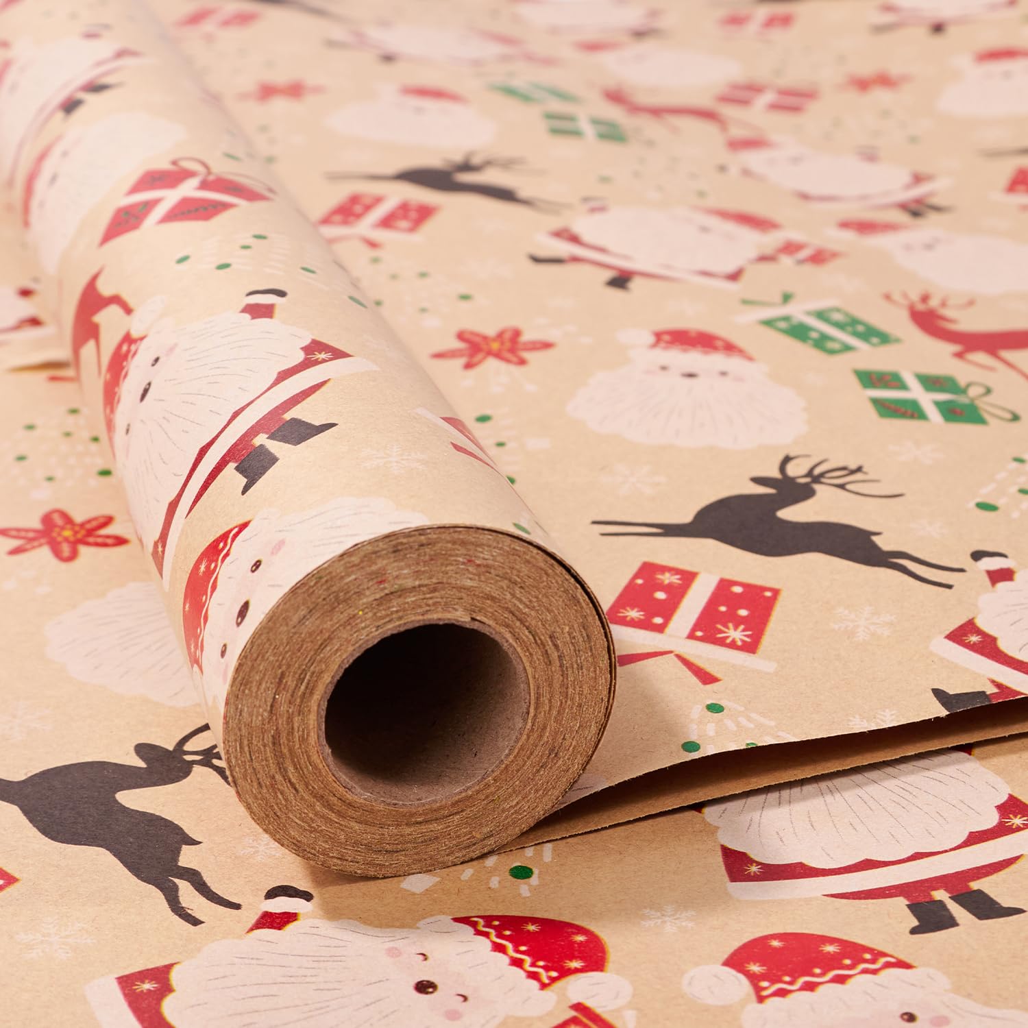 Christmas Wrapping Paper Roll,43cm x 15m Xmas Gift Wrapping Paper,Kraft Xmas Wrap paper for Christmas, Party,Festive Decorations (white-Santa)