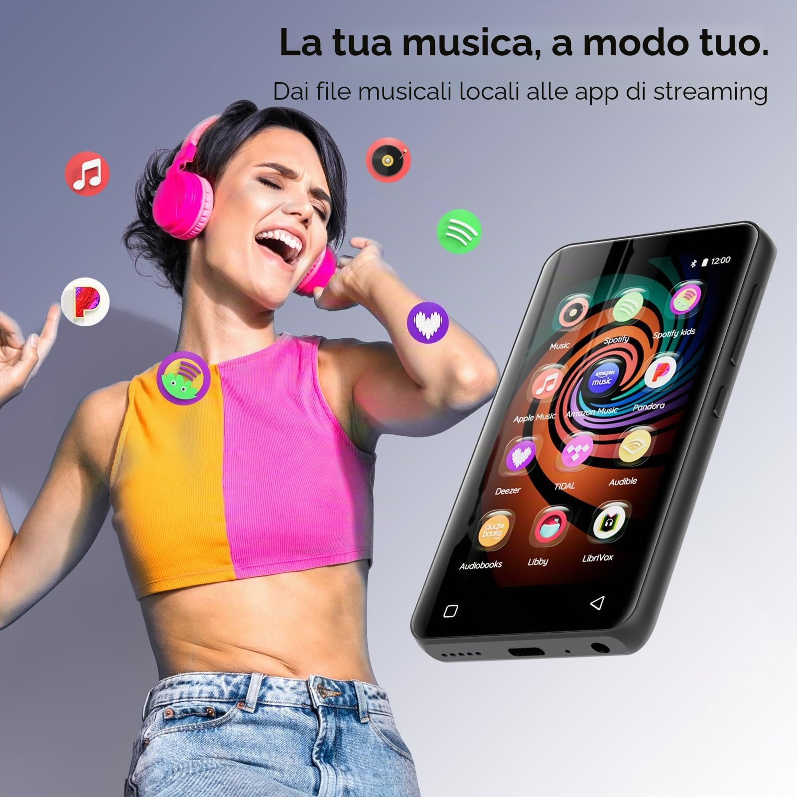Innioasis Lettore MP3 con Bluetooth e WiFi, lettore MP3 da 160 GB con Spotify,Pandora, Amazon Music, Audible, Libby, audiolibri,touch screen da 4 pollici, lettore Android MP3 MP4 con（Nero）