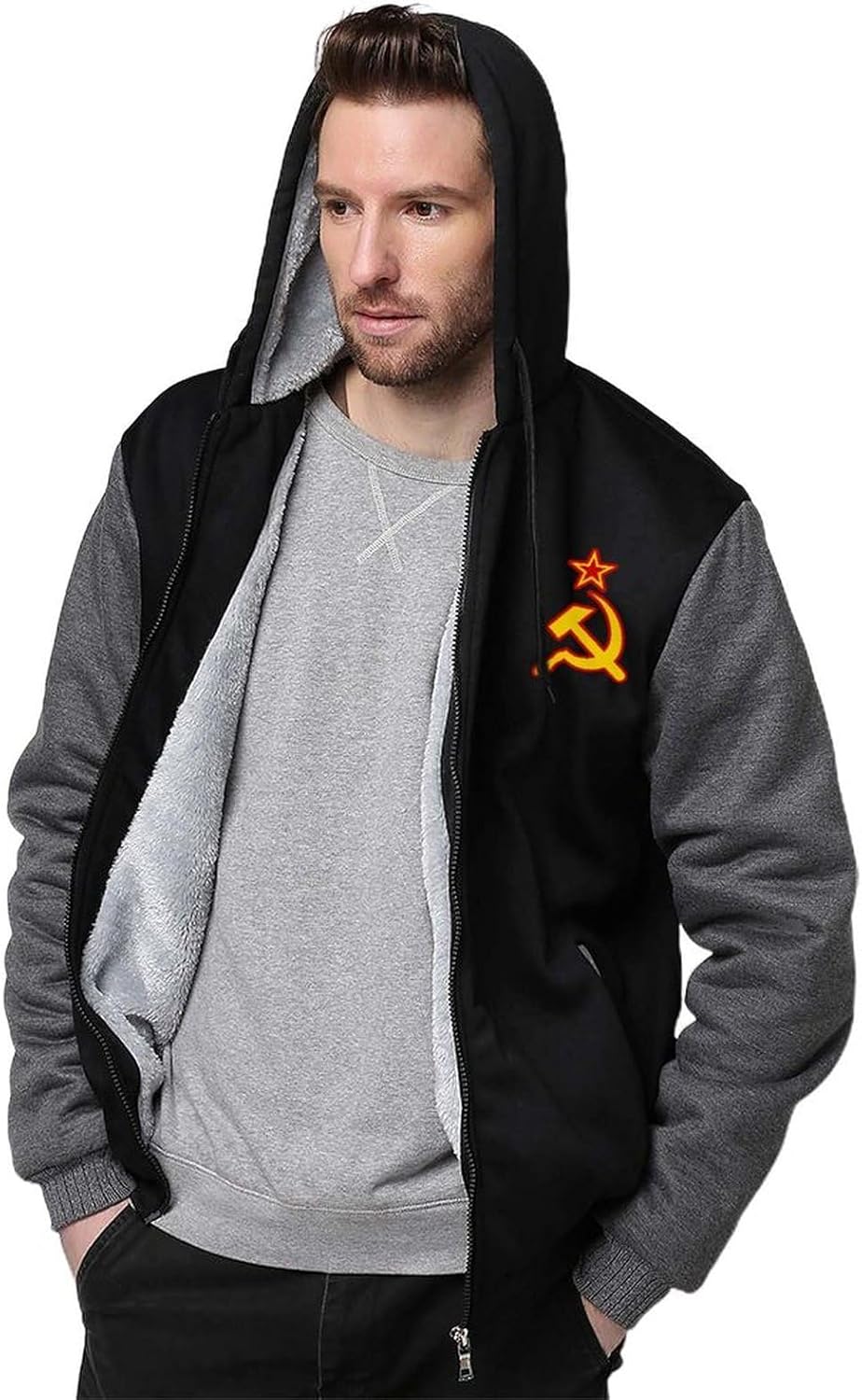 Soviet Union Logo Men's Fleece Hoodie Jacket Coat Warm Casual Sweatshirt with Pockets