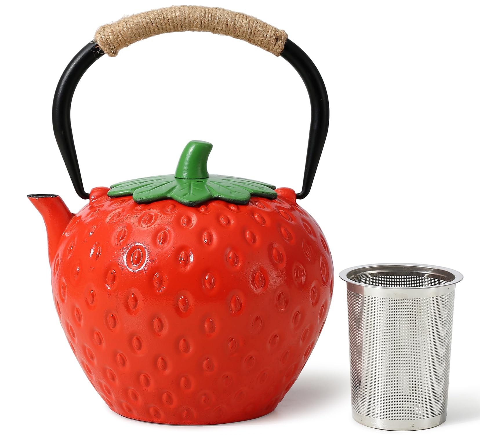 VICSKY Strawberry Cast Iron Teapot (Red) - Japanese Tetsubin Tea Kettle 50oz/1500ml | Enameled Interior &amp; Extended Infuser for Loose Leaf and Tea Bags | Stovetop Safe | Cute Sweet Holiday