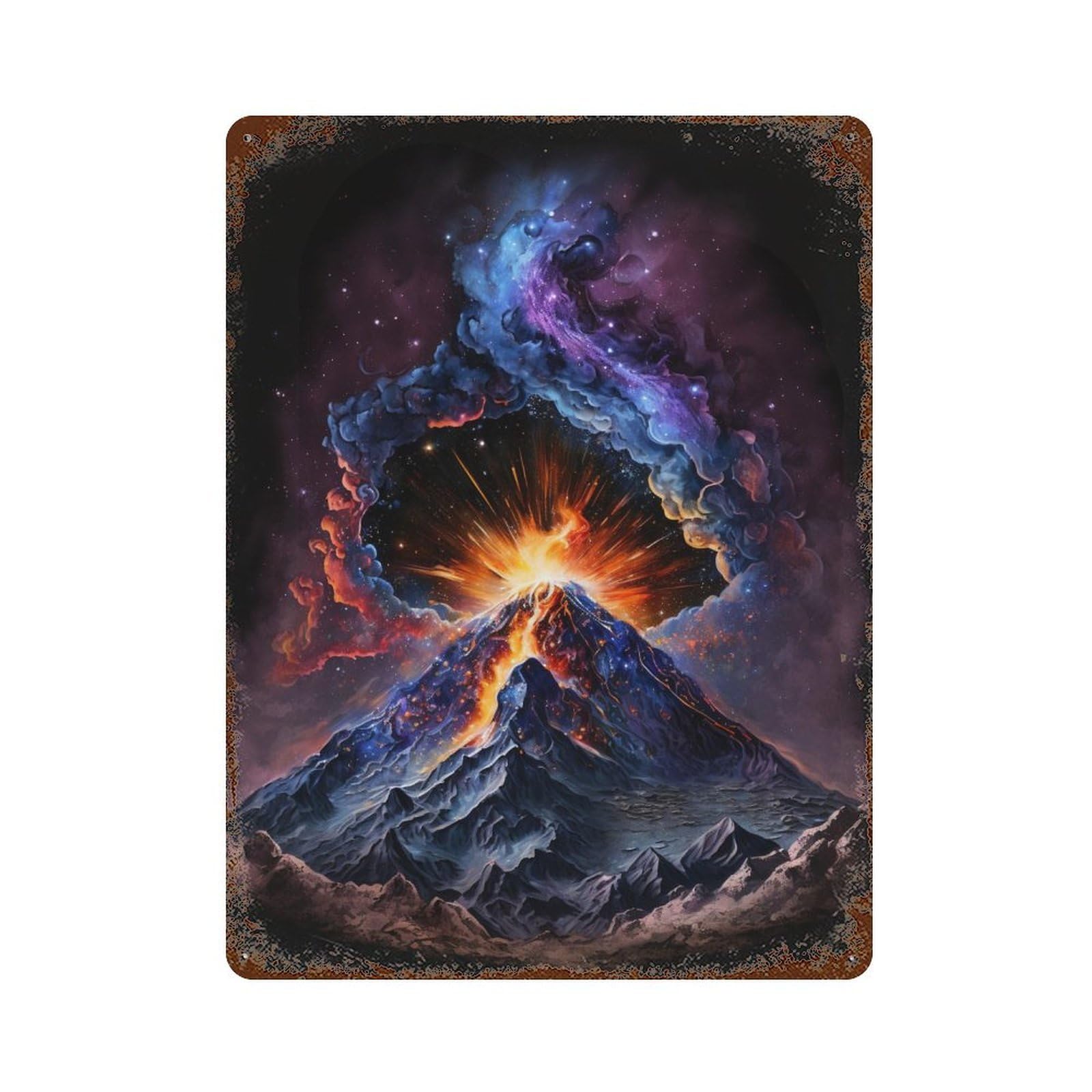 Rust Effect Volcanic Eruption in Space-2 Retro Metal Sign 15.7"x11.8", Novelty Wall Decor for Bistro, Counter And Cafe Decor