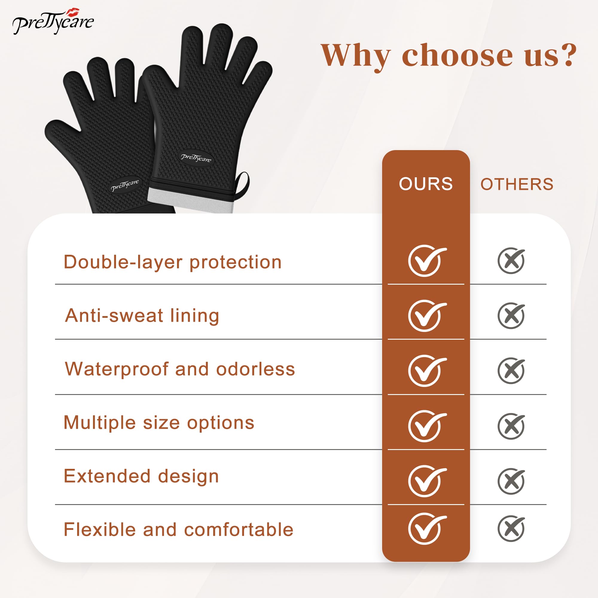PrettyCare Gants de cuisine extra longs de 35,6 cm en silicone, imperméables et antidérapants avec doigts, gants de cuisine en silicone doublés de coton, résistants à la chaleur pour la pâtisserie, la
