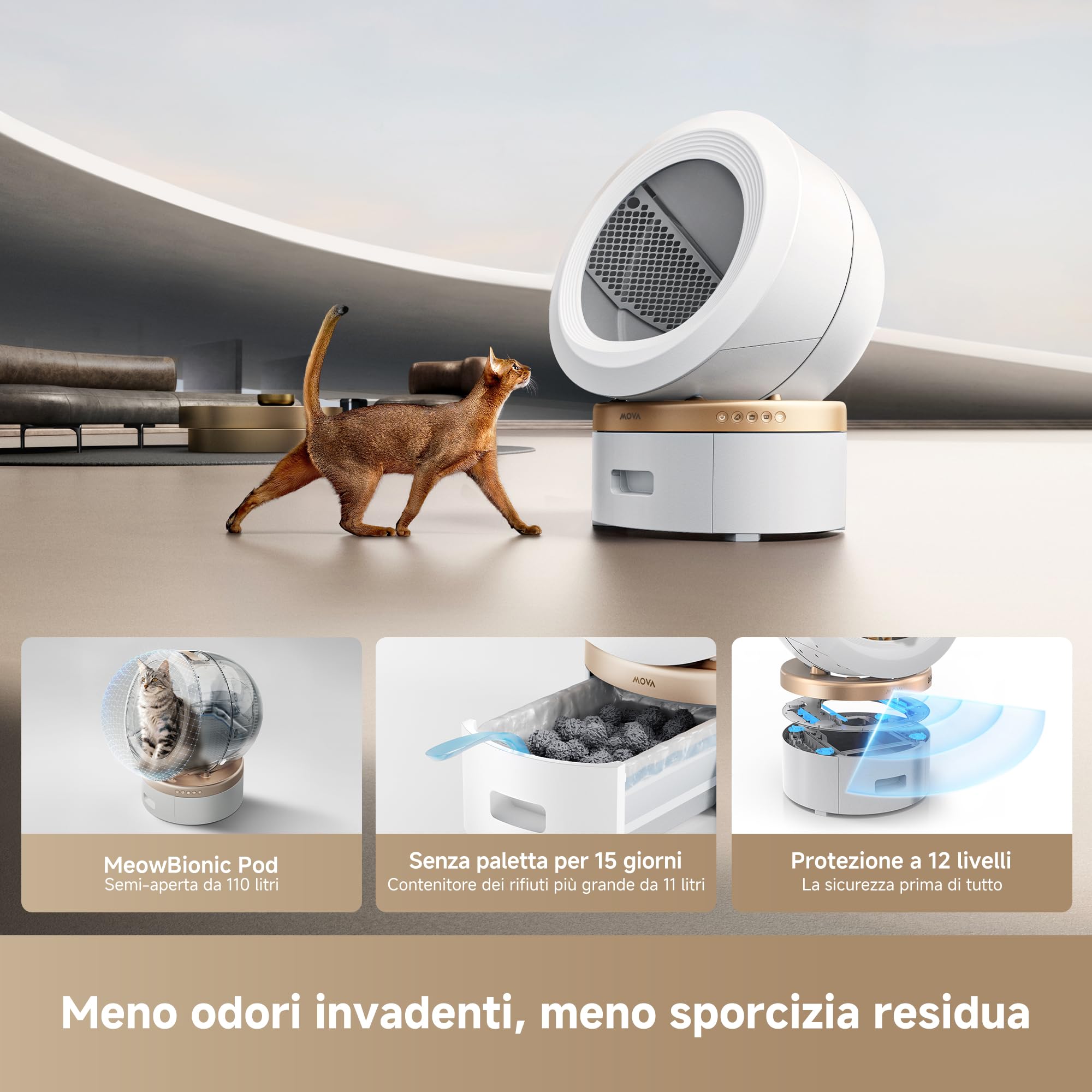 MOVA MeowgicPod LR10 Prime Lettiera per gatti intelligente,110L, 15 giorni senza paletta, Sistema di aria fresca a doppia camera, Cura intelligente degli animali domestici,Controllo remoto tramite app
