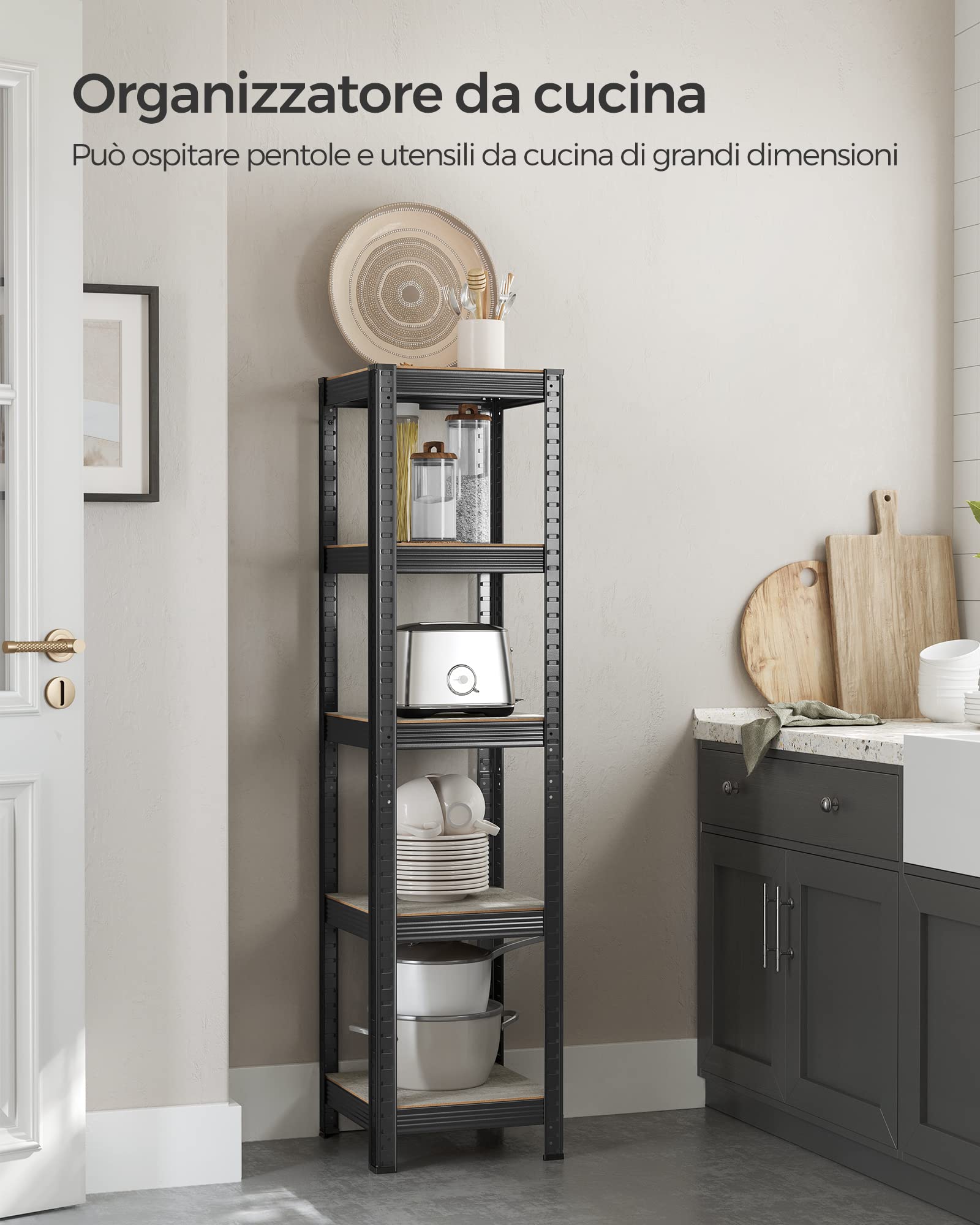 SONGMICS Scaffale a 5 Ripiani, Portaoggetti Organizzatore 37 x 37 x 150 cm, Portante 400 kg, Ripiani Regolabili, Stile Naturale, per Cucina e Soggiorno, Greige e Nero GLR037B11