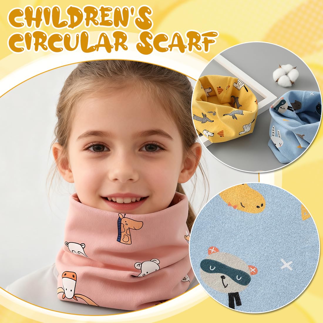 Bufandas Niña, 4 Pañuelos De Cuello De Algodón Con Diseños De Conejo Azul Claro, Coche Azul, Osito Amarillo Y Ciervo Rosa, Calentadores De Cuello Para Otoño E Invierno, Tamaño 0-12 Años, 4 Unid