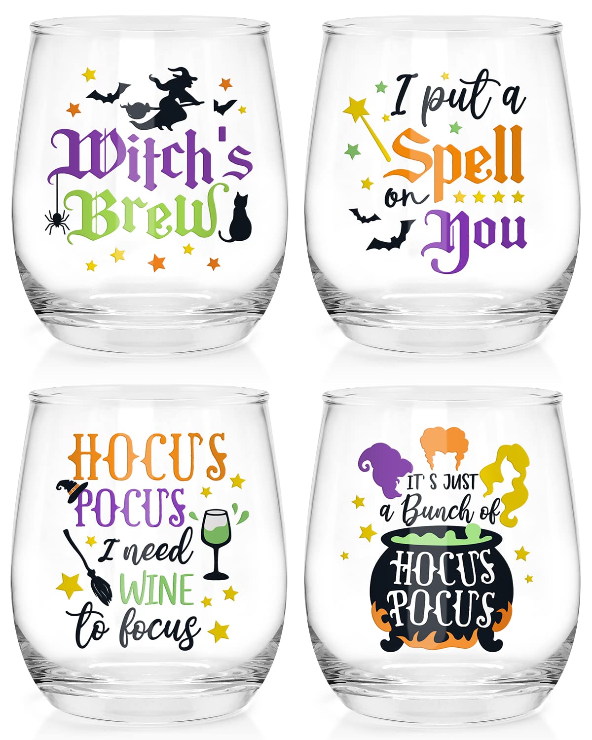 Halloween Witches Wine Glasses 4PCS Hocus Pocus Stemless Glass 12oz Gift Brew Sanderson Sisters Glass Tumbler for Ice Coffee Beer Beverages Funny Party Cup Favors Birthday Wedding Gifts Fall Peresnt