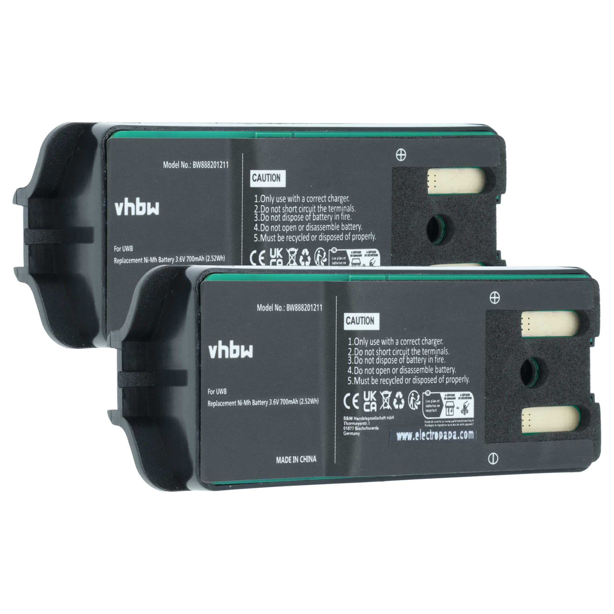 vhbw 2 x bateria kompatybilna z pilotem zdalnego sterowania JAY ECU, A001, zdalne radio przemysłowe HF Standard, Walkie-Talkie (700 mAh, 3,6 V, NiMH)