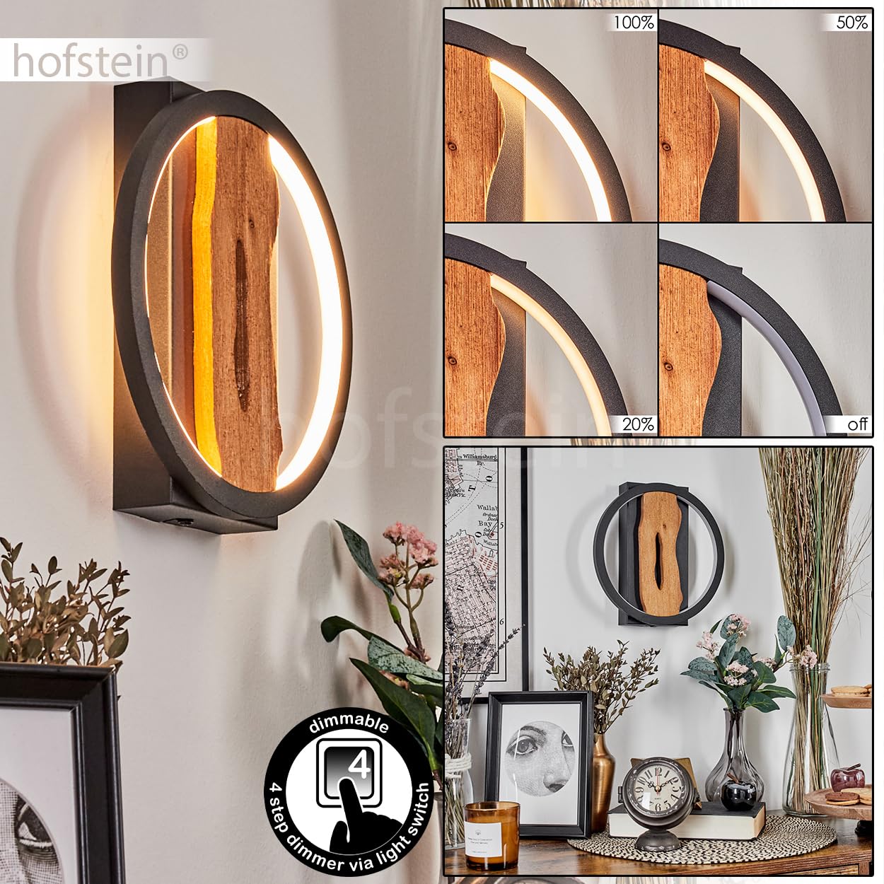 LED Wandleuchte Cornol, dimmbare Wandlampe aus Metall/Holz in Schwarz/Natur, Leuchte im modernen Design mit rundem Schirm (Ø 22 cm), dimmbar über Lichtschalter, 3000 Kelvin, 1700 Lumen, 12 Watt