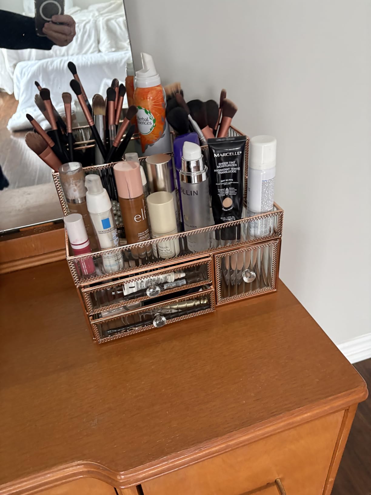 Youdepot Makeup Organizer Countertop - Tempered Glass Vanity Organizer for Cosmetics, Skincare, Hair Tools, Brushes, Perfume - Multipurpose Bathroom Counter Skincare Organizer