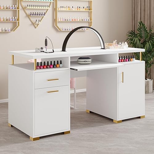 Miniatura 8 de Escritorio de uñas blanco y dorado para tecnología de uñas, mesa de manicura con 2 cajones y gabinete, mesa de uñas de 55 pulgadas con estante