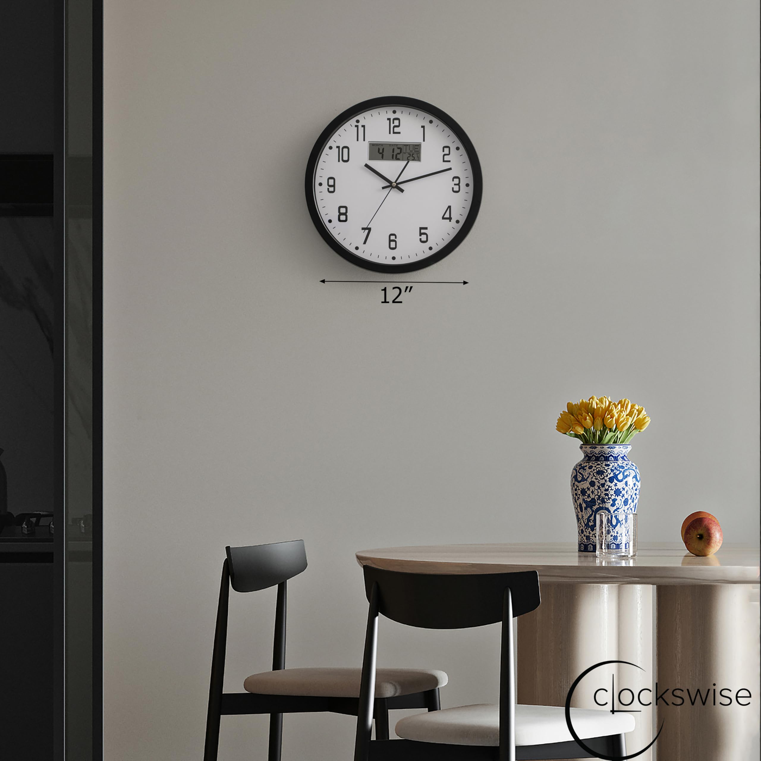 Clockswise Reloj de pared de 12 pulgadas, analógico y digital sin tictac, con pantalla de temperatura, funciona con pilas, funcionamiento silencioso, hora y fecha conmutables, perfecto para aula,