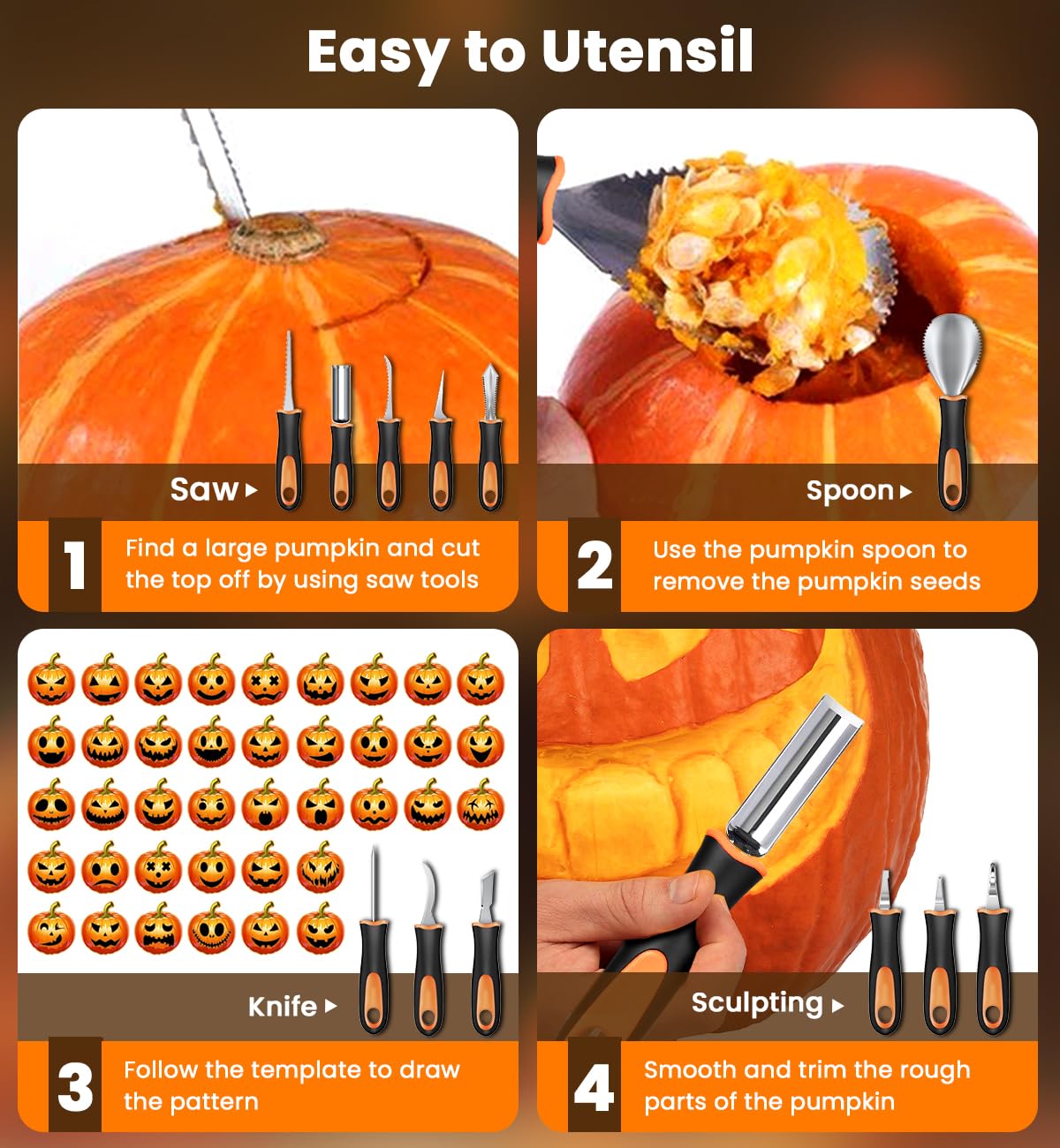 Pumpkin Carving Kit for Halloween - 13Pcs Professional Pumpkin Carving Tools with Heavy Duty Stainless Steel Knife Set with Carrying Case for Halloween Decor, Jack-O-Lanterns for Kids, Adults, Family — Amazon image 6