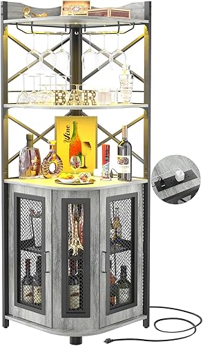 Aheaplus Armario de barra de esquina con toma de corriente, gabinete industrial para vino con tira LED y soporte para vidrio, gabinete de licor de 5