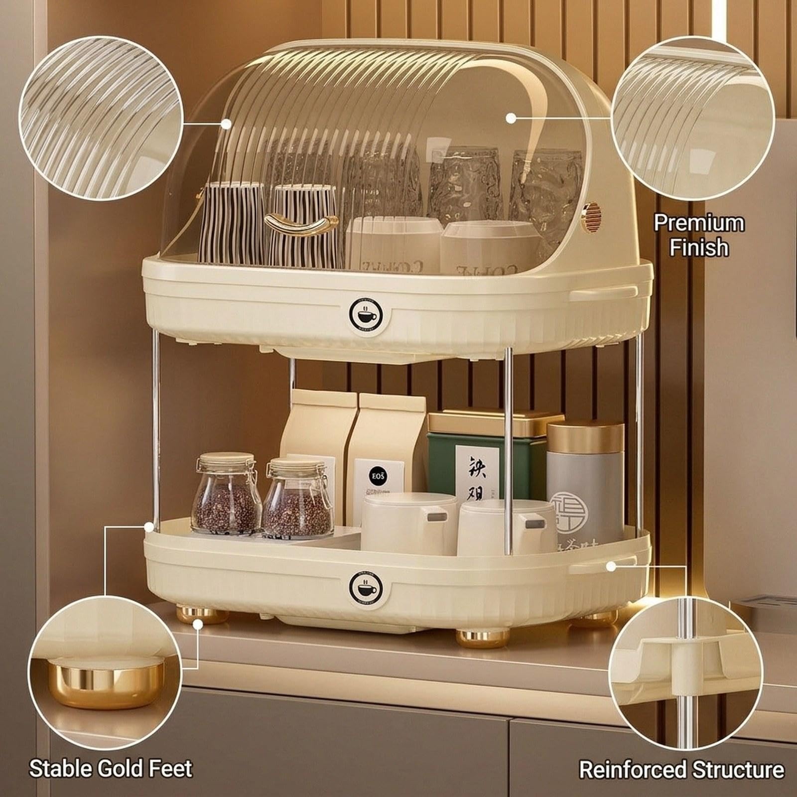 Escurridor de Platos, Bandeja para Cubiertos, Soporte Multifuncional de Dos Niveles para Botellas con Tapa para Vasos, Beige, Individual