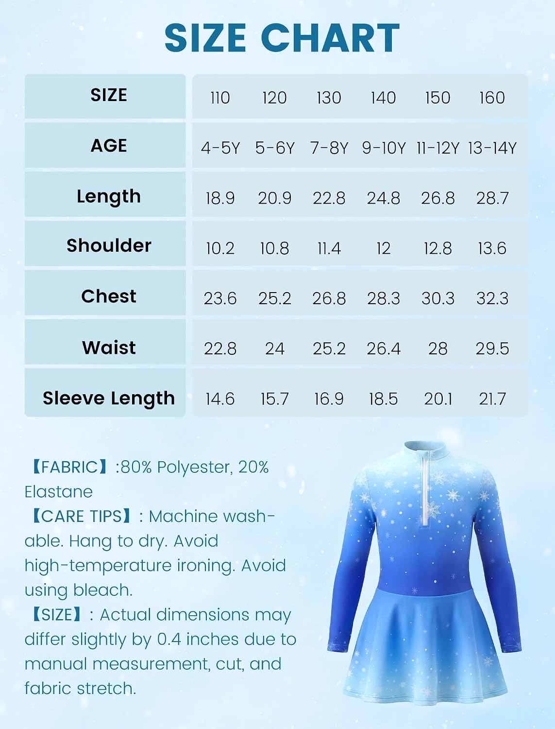 Wenlia Girls Ice Skating Dress Long Sleeve Gradient Snowflake Outfit Set with Hairband for Recreational Ice Skating, 4-14Y
