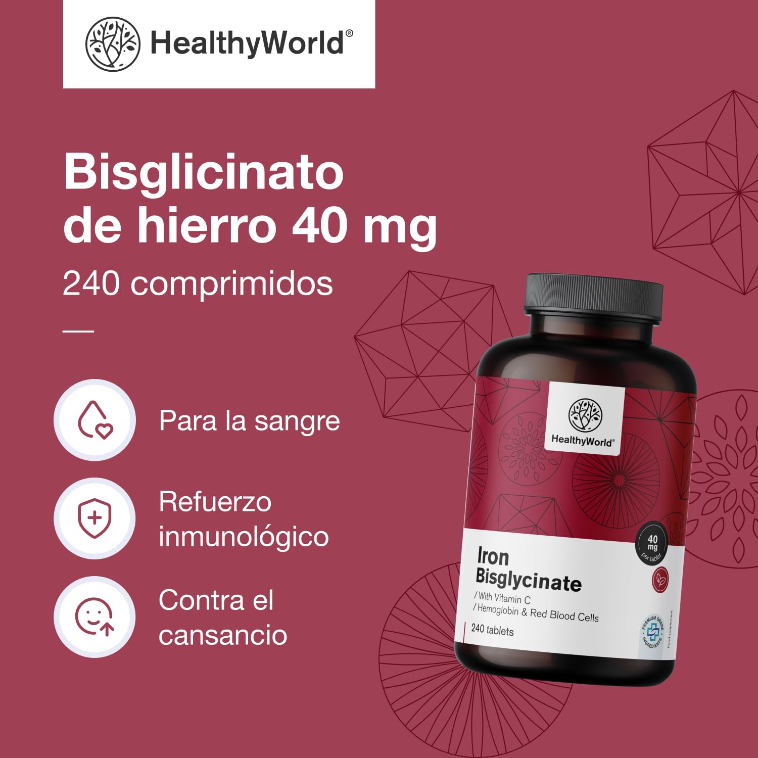 HealthyWorld Bisglicinato de hierro - Con vitamina C - 240 Comprimidos - Suministro para 8 meses - Sin OMG ni colorantes artificiales - 40 mg de hierro, 40 mg de vitamina C - Máxima calidad