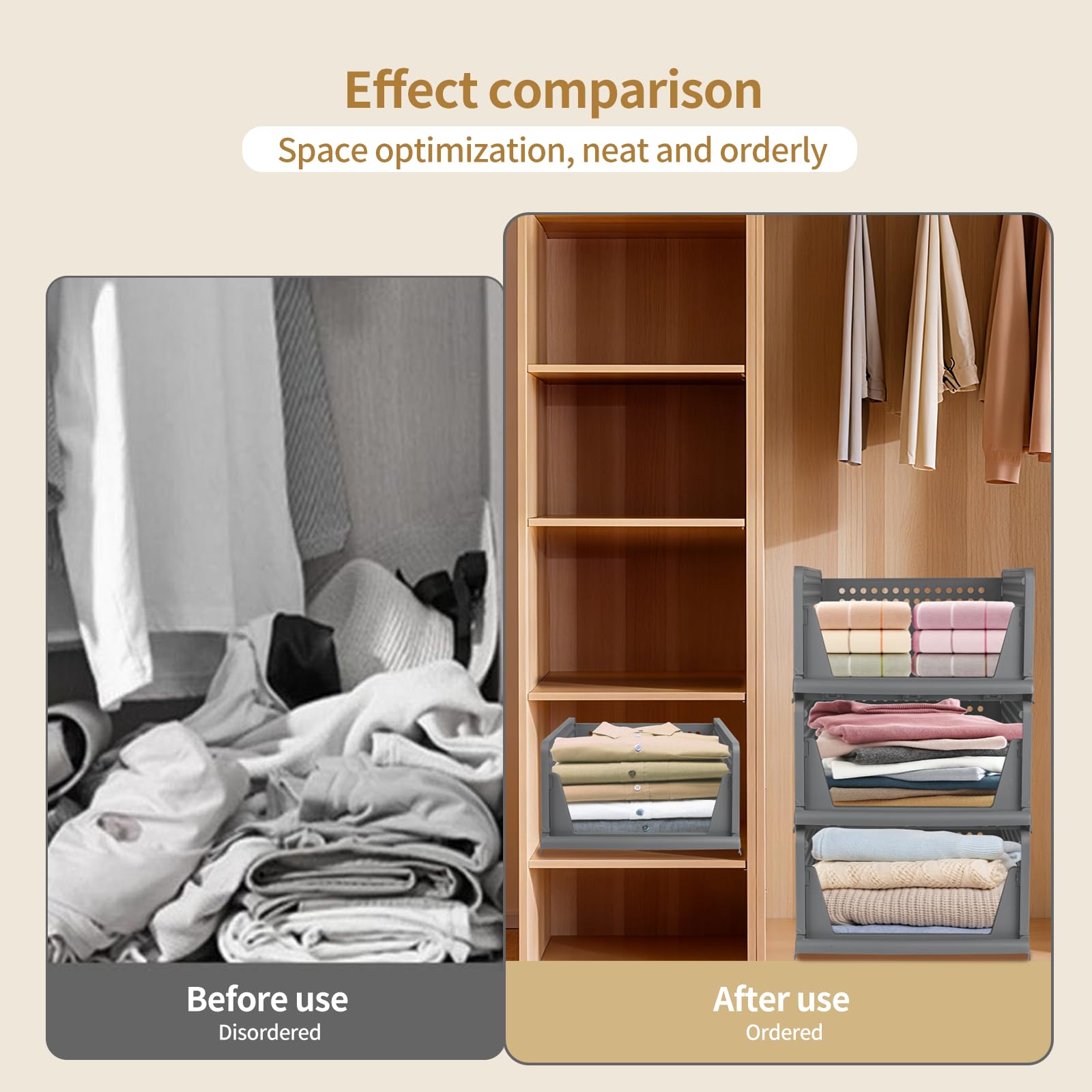 Organizador Armario Apilable, Cajones Extraíbles para Armarios, Cajas Almacenaje Ropa de Plástico, Organizadores de Ropa para Dormitorio, Cocina y Baño(33.5 * 43 * 72cm-4Gris)