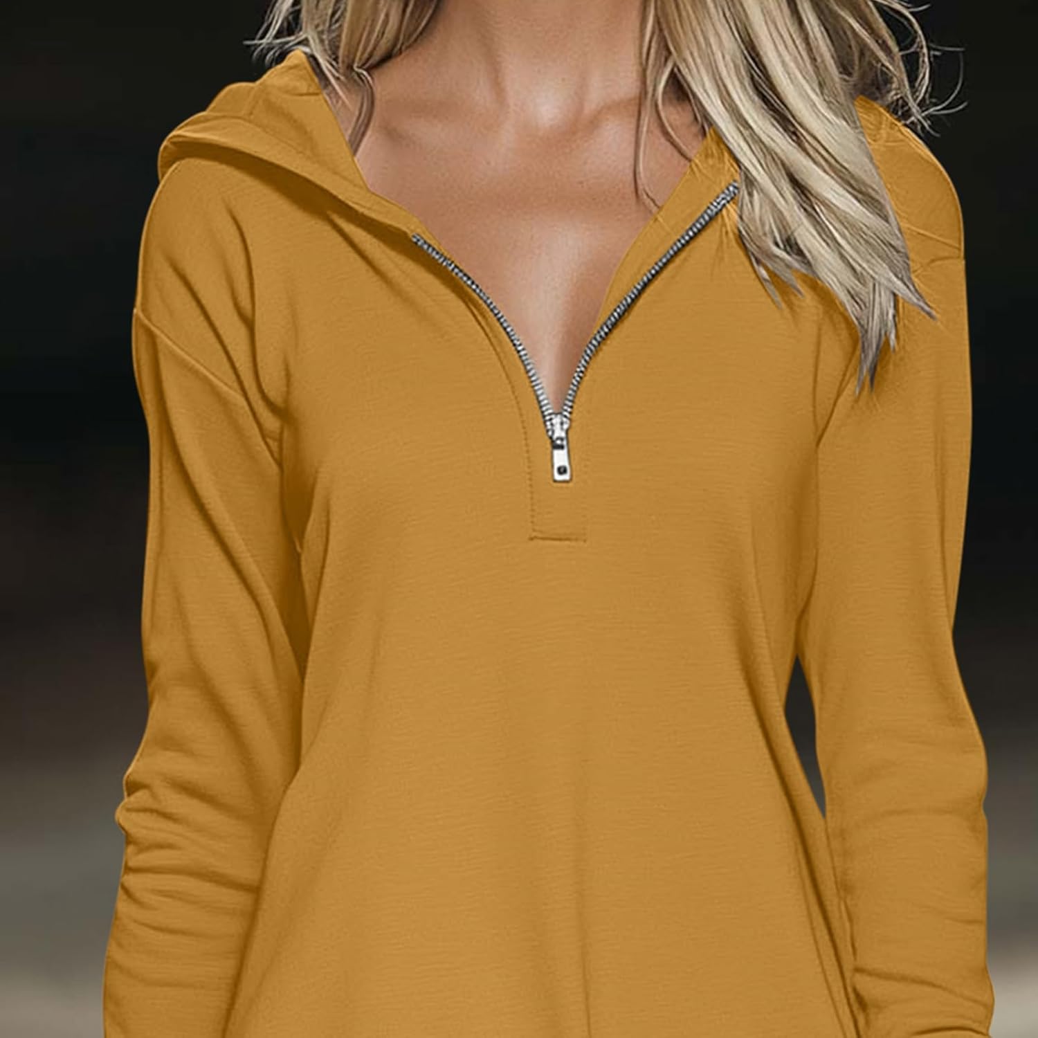 Hoodie Dress Women Ruffle Hem Mini Dresses V-Neck Half Zip Long Sleeve Pullover Tunic Hooded Sweatshirt A-Line Dress