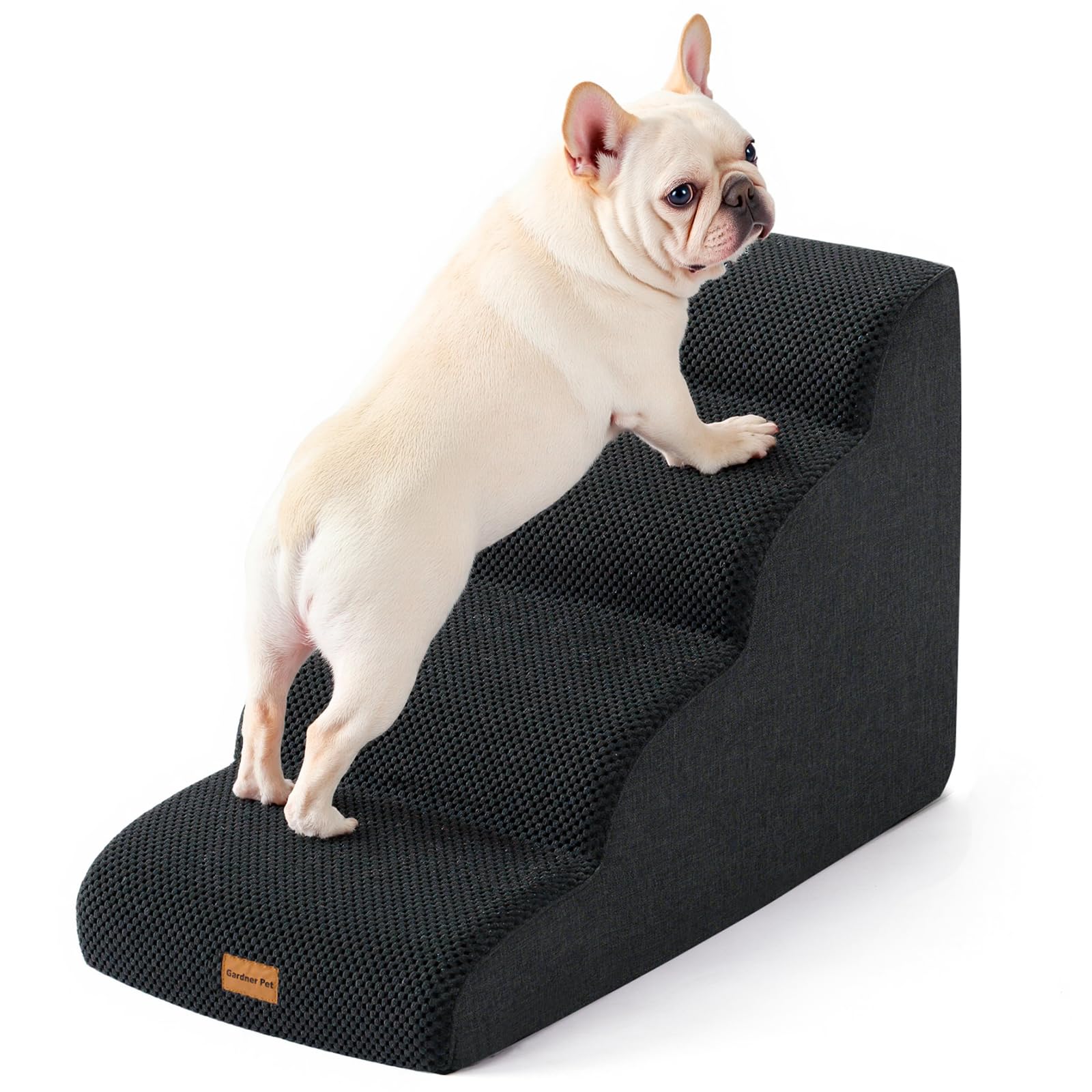 Gardner Pet Dog Stairs for Small Dogs 19.7" H, 4-Step Black Curved Pet Stairs, Dog Steps for High Bed (18-24 in), Couch with Durable Non-Slip Waterproof Fabric Cover and CertiPUR-US Certified Foam
