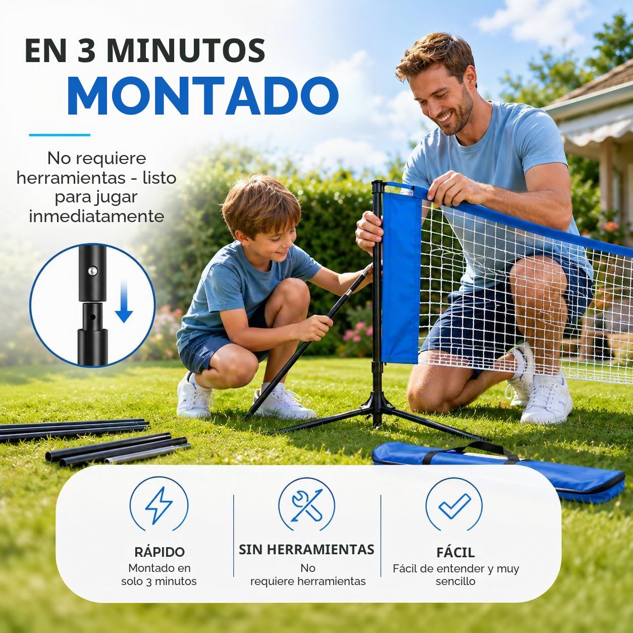 Red de bádminton de 3,1 m – Altura ajustable 107/105/150 cm y bolsa de transporte, red de nailon plegable, fácil de montar y desmontar, red deportiva ideal para tenis, fútbol, voleibol o voleibol de