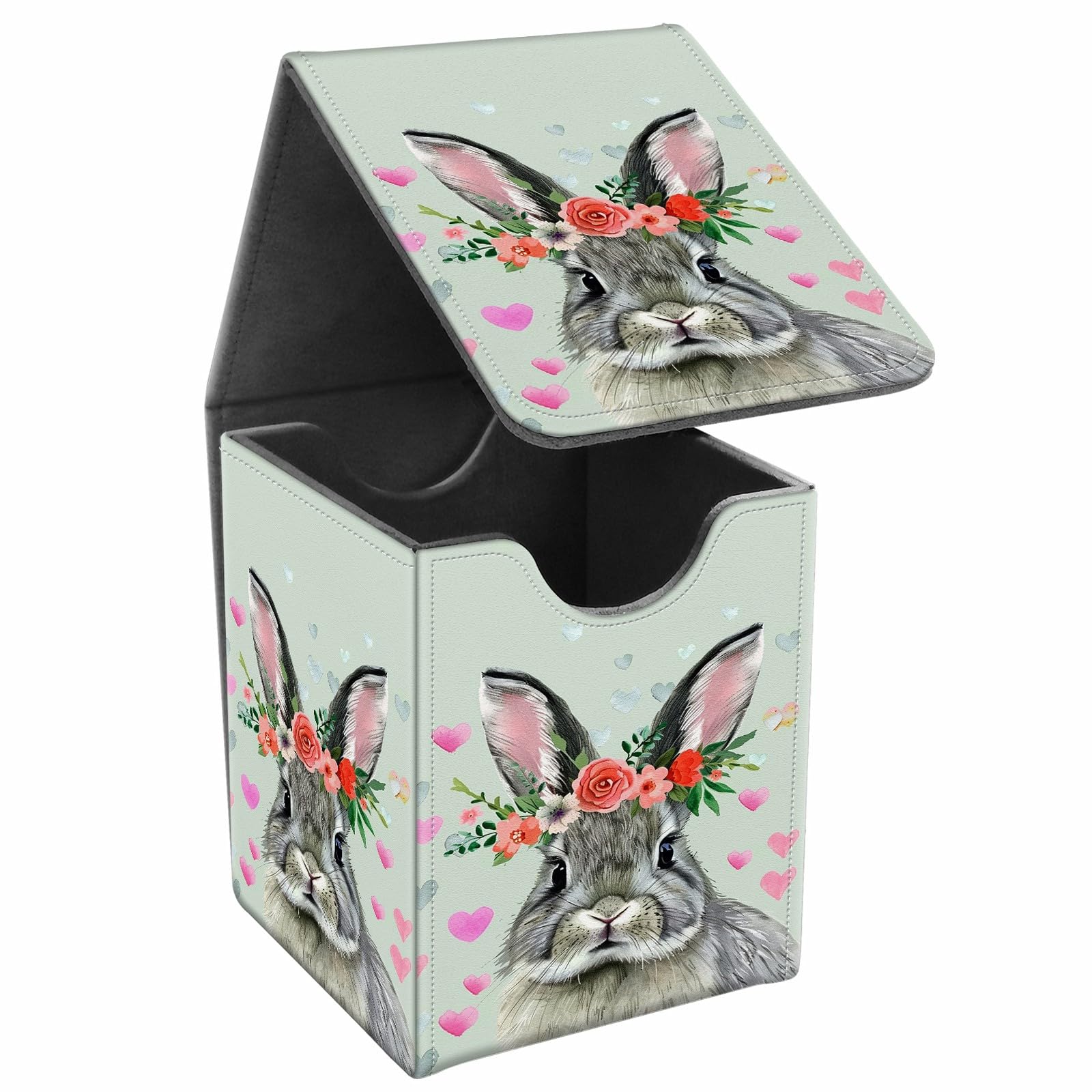 JANENFNA Card Deck Box, Card Storage Box Fits 100+ Single Sleeved Cards, Large Capacity PU Leather Card Storage Box with Strong Magnet for Magic Commander TCG CCG, Cute Gray Rabbit — image 1