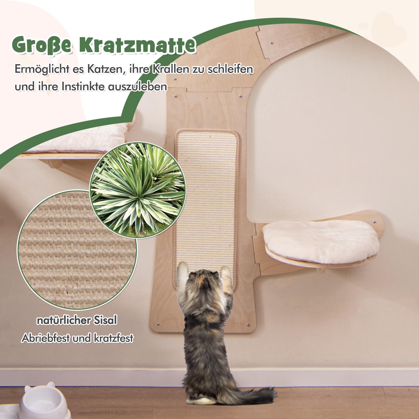 GYMAX Kletterwand Katzen, Katzenwand mit Hängematte, 4 Plattformen & Sisalpfosten, Kratzbaum mit weichen & waschbaren Kissen, baumförmige Katzenmöbel Wandmontage für Hauskatzen