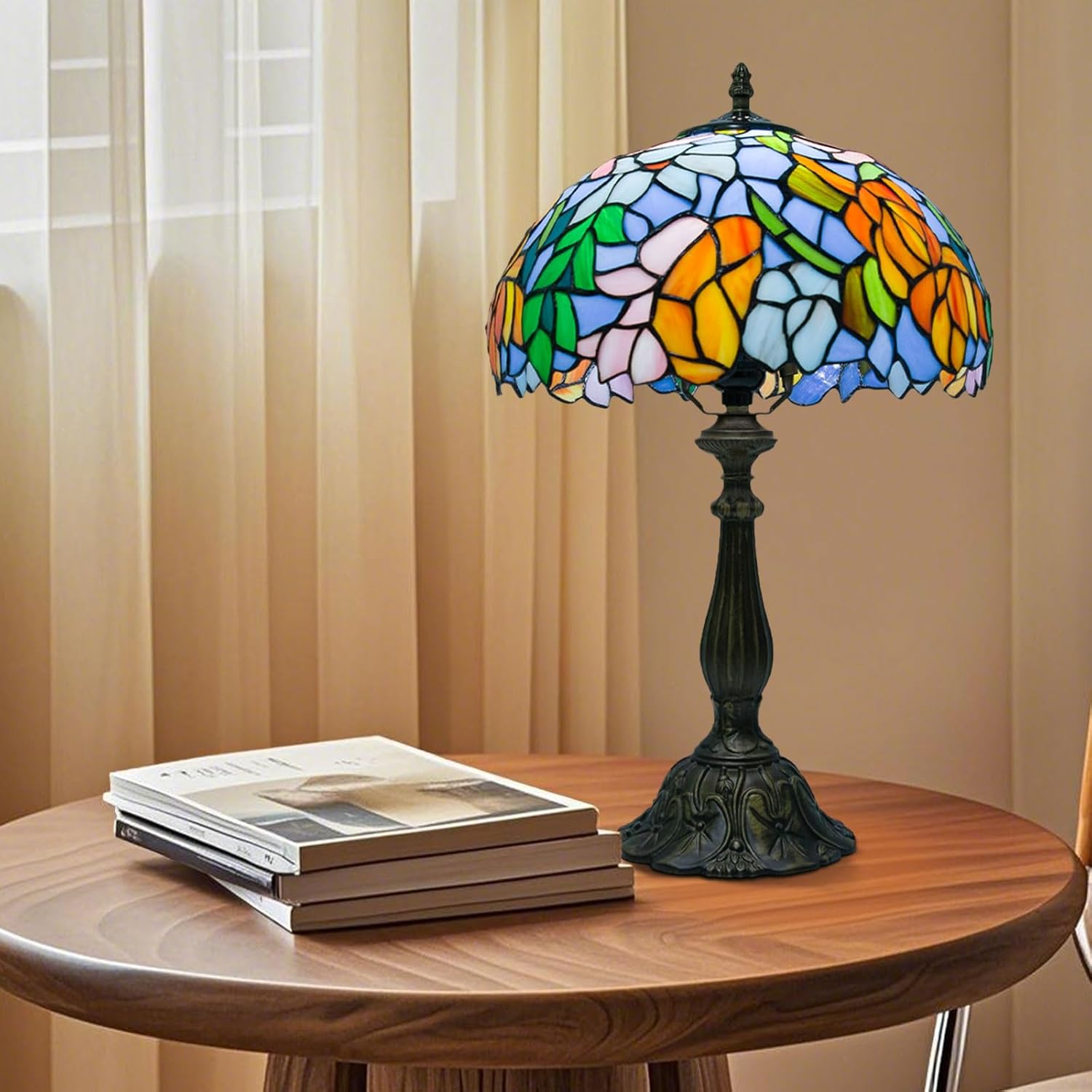 Tiffany Style Table Lamp, Stained Glass Lamp for Bedside, Bedroom, Nightstand, Living Room, 12 Inch Vintage Desk Light Included E26 Bulbs with Remote Control (Wisteria)