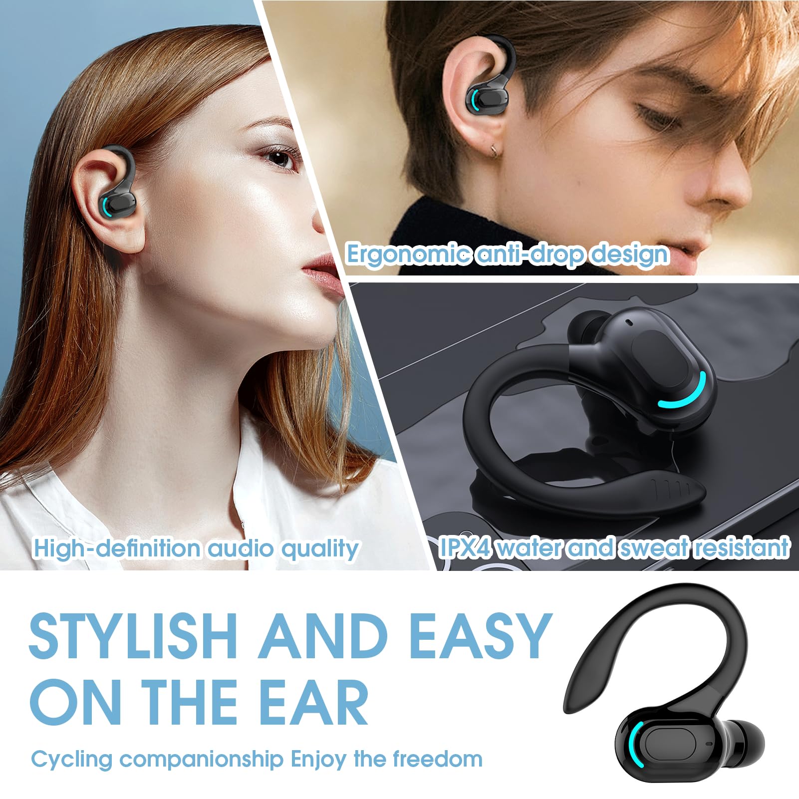 Oreillette Bluetooth Sans Fil V5.2 Avec Micro Intégré, Écouteurs Sans Fil, Tour D'oreille 360°, 20h De Lecture, Tour D’Oreille Réduction De Bruit Écouteur Mono Pour Iphone, Android, Pc, Sport, Travail