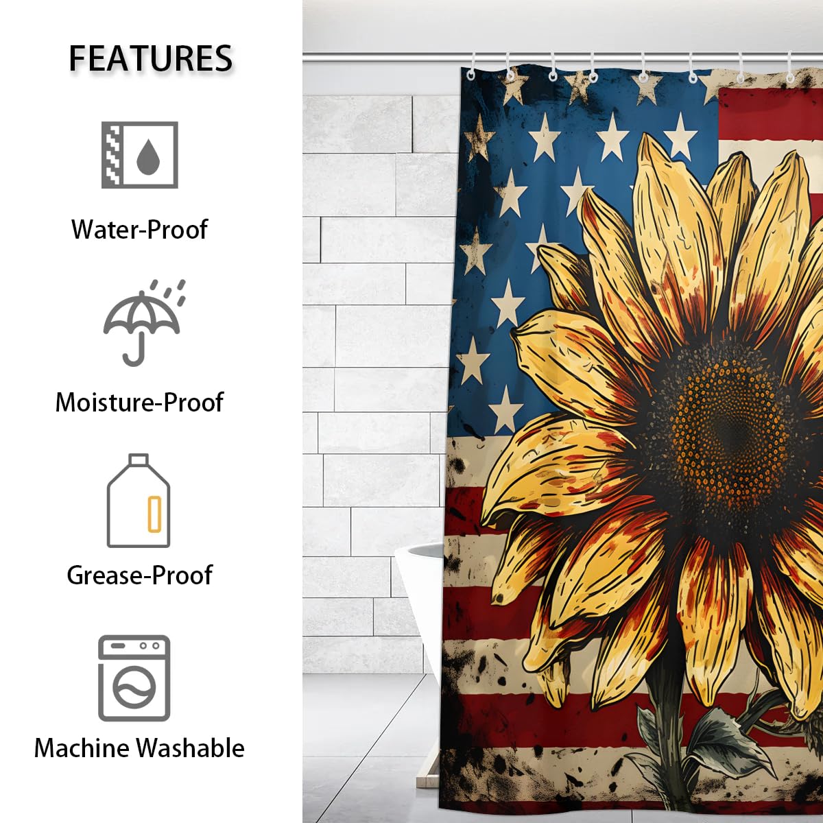 Pardick Shower Curtain Liners Fabric Bathroom Curtains Waterproof, US Flag Sunflower Bathroom Shower Curtain with 12 Hooks Decorative Bath Curtain Heavy Duty Odorless (48x72 Inch)
