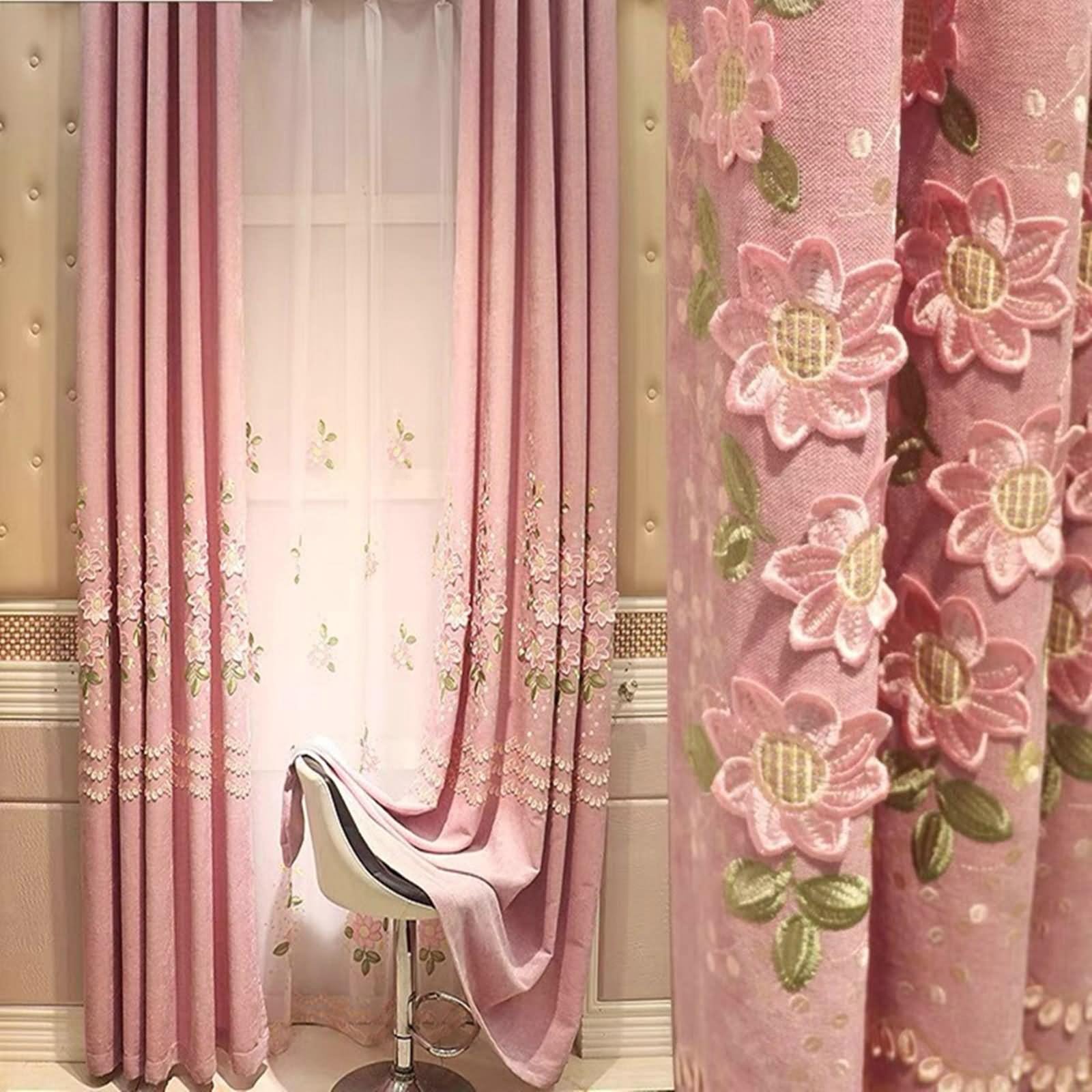 Rideau Exterieur Terrasse, Rideau Occultant Chambre Rose Fleurs et Feuilles Brodées Chenille Lot de 2 86W x 115L cm