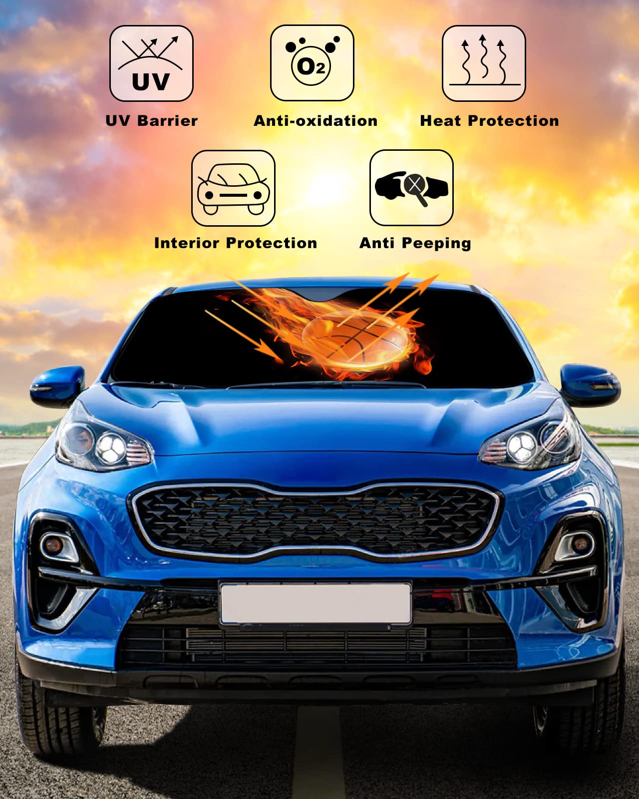 Front Car Windshield Sun Shade 29x51in, Basketball in Fire Flames Sports Theme Foldable Car Sunshade Blocks Sun UV Rays Protector Car Sun Visor Protector Keep Cool Car Sunshade