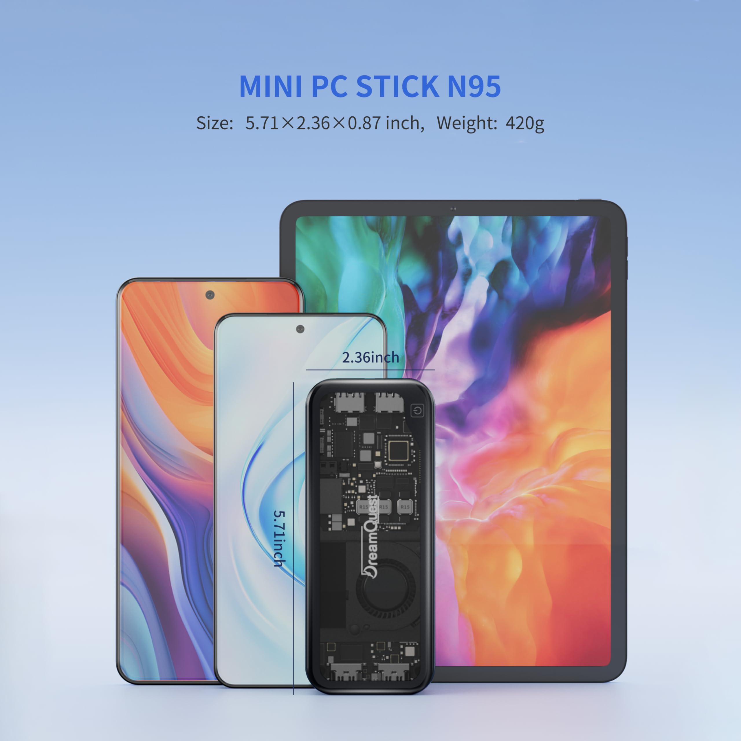 DreamQuest Mini PC Windows 11 Pro 12GB DDR5 512GB M.2 SSD Intel N95 (bis zu 3.4Ghz) PC Stick mit 2X HDMI/2xType C(Max 10Gbit/s)/WiFi 6/BT5.3/4x USB3.2(10Gbit/s) für Home/Büro/Kommerzielle New