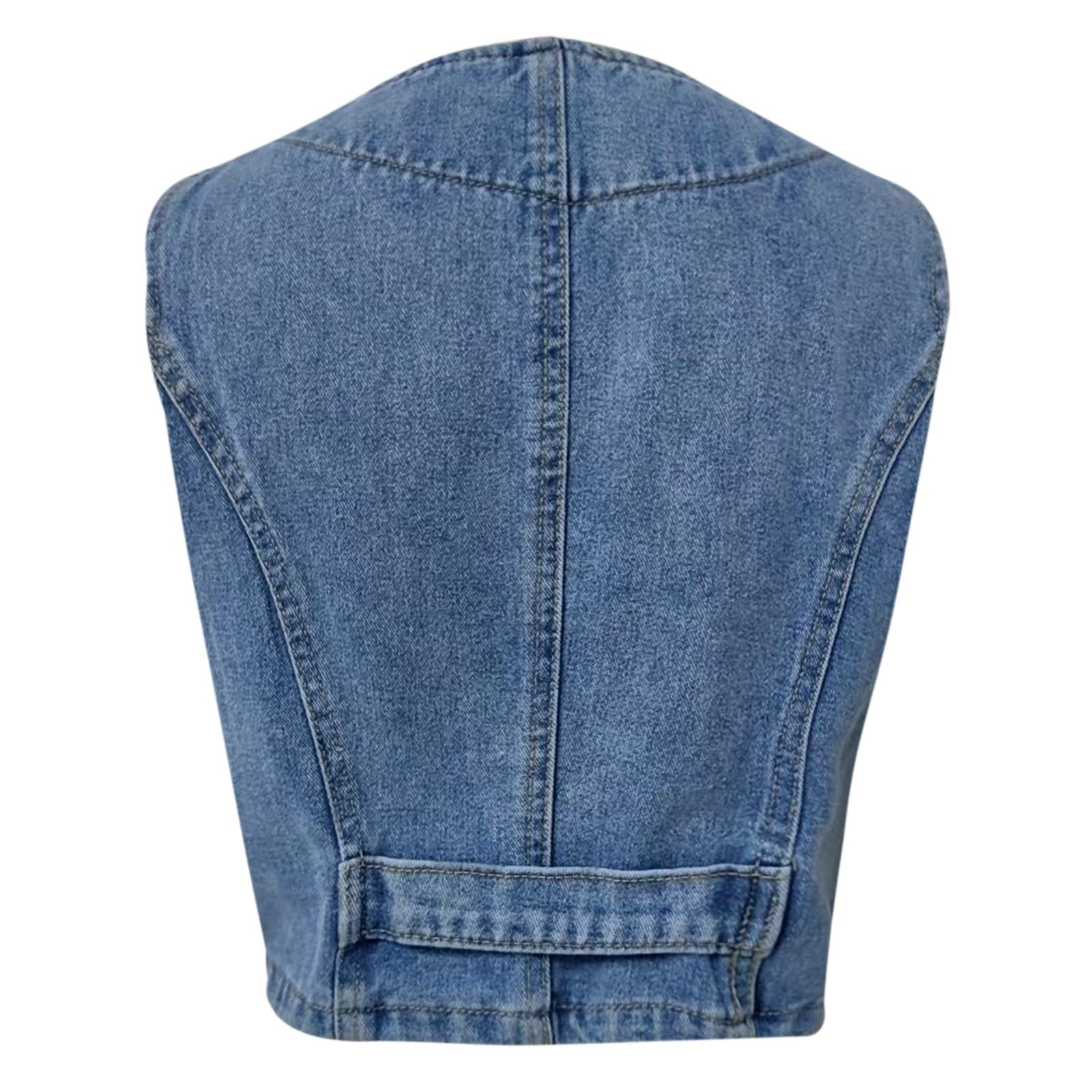 Gilet en Jean pour Femme Blouson sans Manches en Denim à Col en V Veste Boutonné Décontractée Vintage