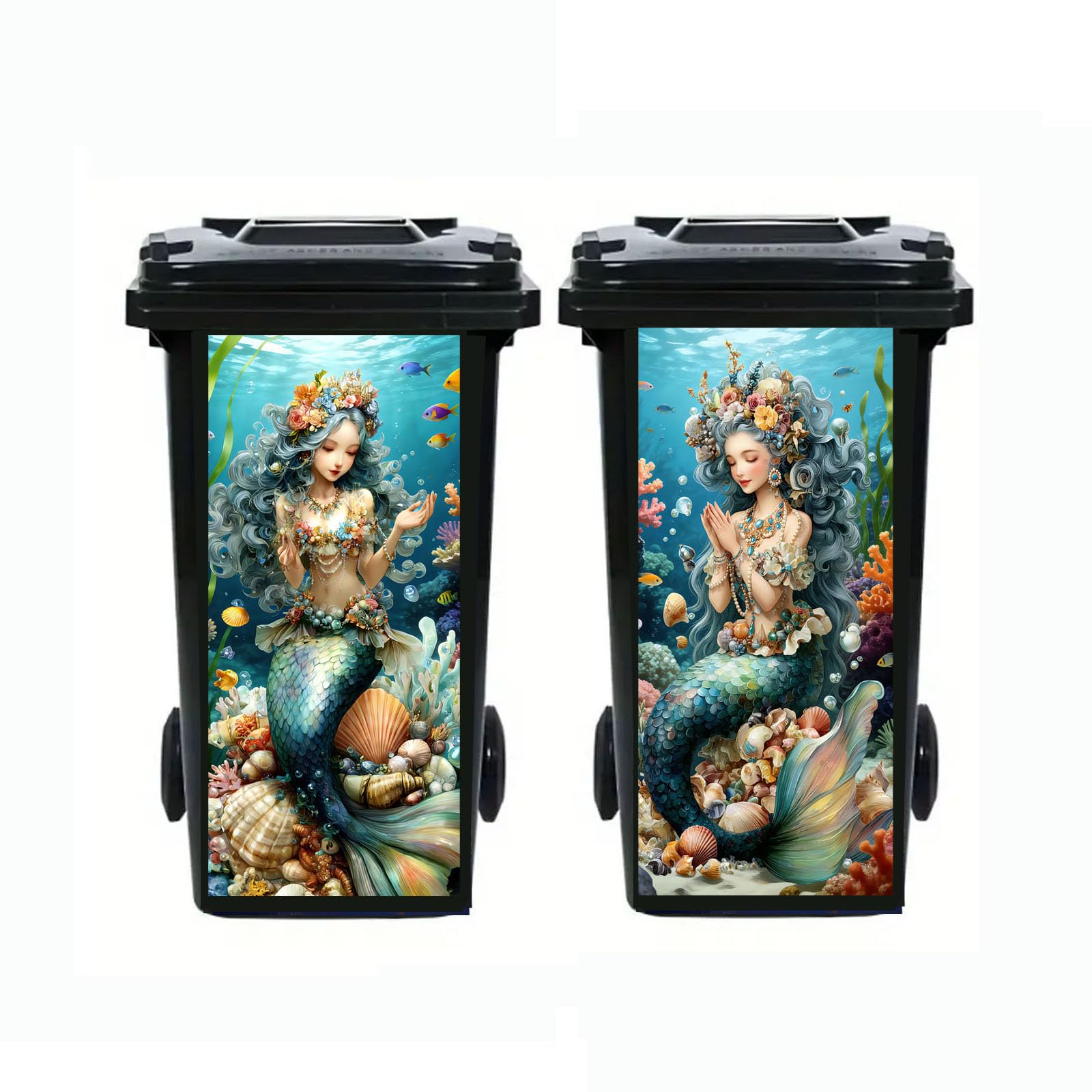 Nouiroy 2Pcs Donkey Dustbin Sticker Decals,14.57×32.28in Raccoon Wheelie Bin Stickers Self Adhesive Panda Peeking Decal for Door Trash Cans Bins Driveway Garden Outdoor Patio Decor (Mermaid)