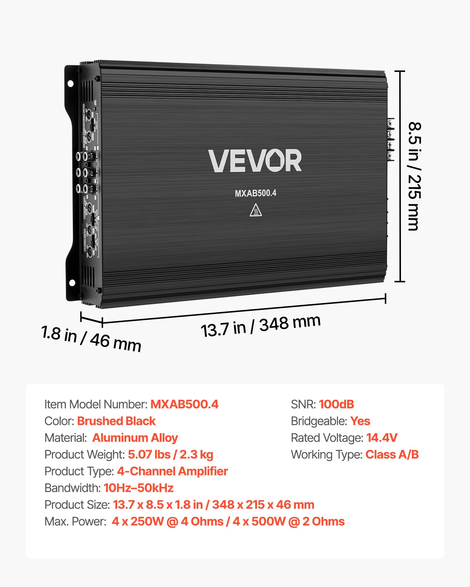 VEVOR Amplificador para Automóvil 4 Canales Clase AB Máximo 4 x 250W a 4 ohmios y 4 x 500W a 2 ohmios, Amplificador Estéreo de Audio para Coche Puenteable para Sedán SUV Camioneta Vehículo Todoterreno