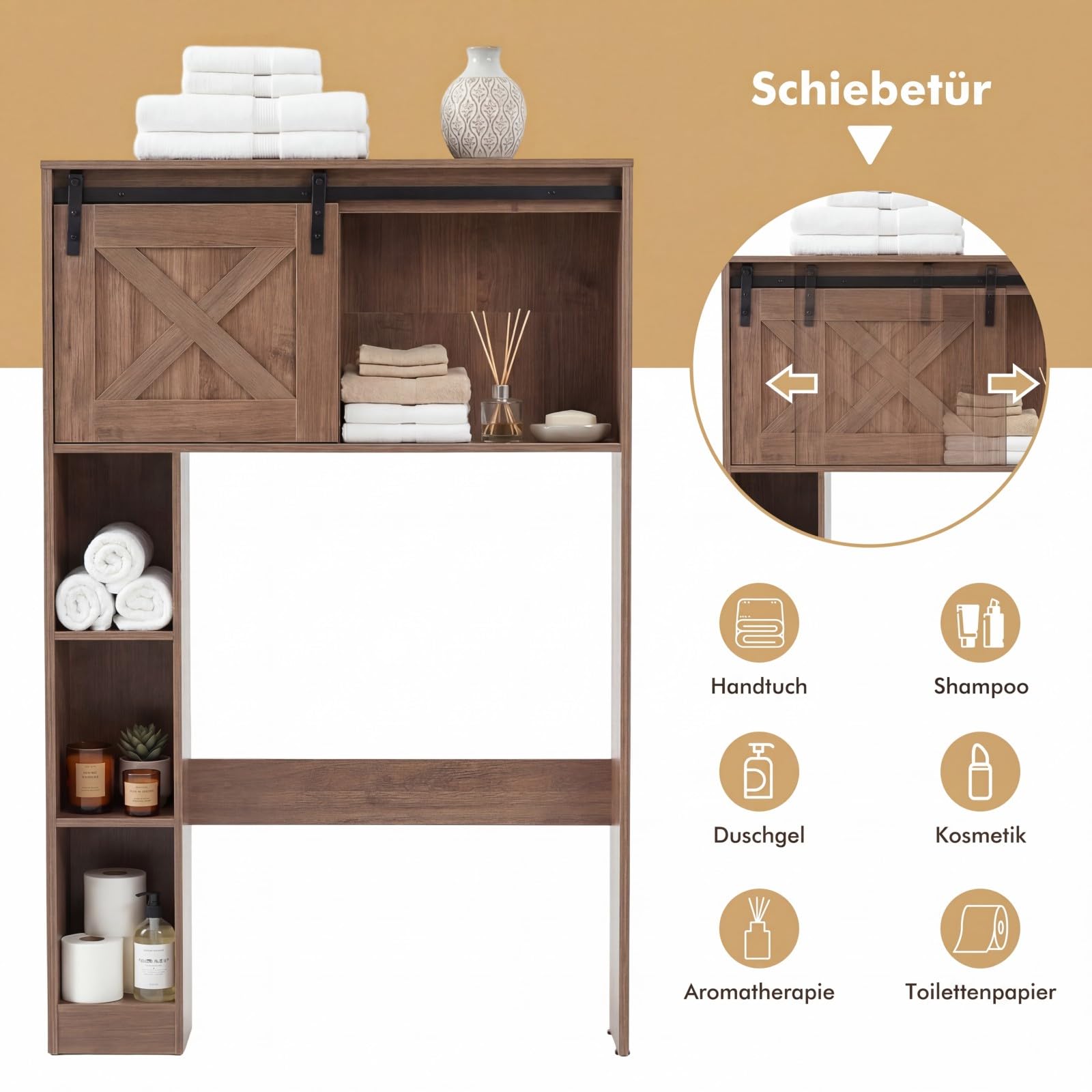 COSTWAY Toilettenschrank mit Schiebetür, Toilettenregal Holz, Badezimmerregal Badezimmerorganisator freistehend, Überbauschrank Waschmaschinenregal braun (braun)