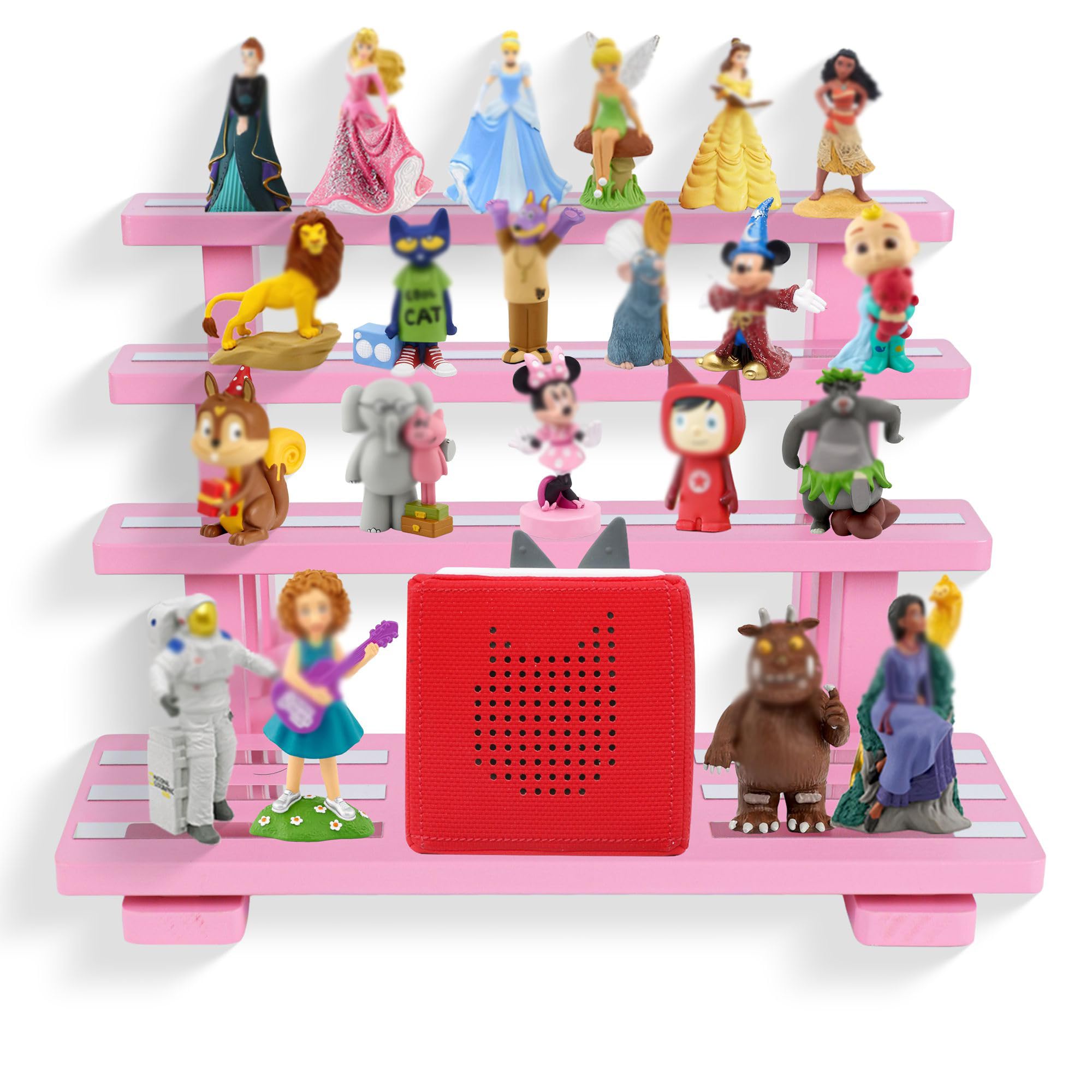 for Tonies Shelf Magnetic,for Tonie Storage Stand Rack Display Risers,for Toniebox Characters Figures Shelves, Holds 45 Figurines,Compatible Charging Station for Children Kid's Room,Pine Wood(Pink)