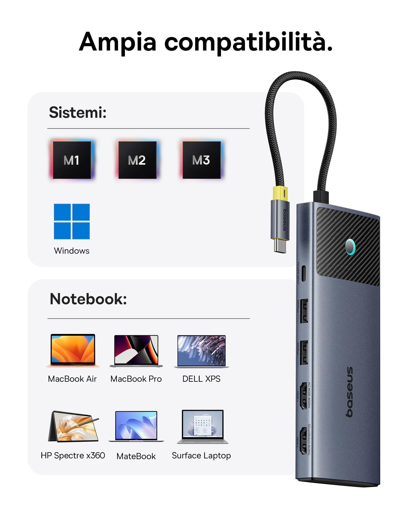 Baseus Hub USB C 7 w 1 Dual HDMI adapter do MacOS z 2 HDMI, 10 Gbps USB-A i USB-C, 2 USB-A 3.0, 100 W PD, stacja dokująca do laptopa MacBook Pro Air M1 M2 M3