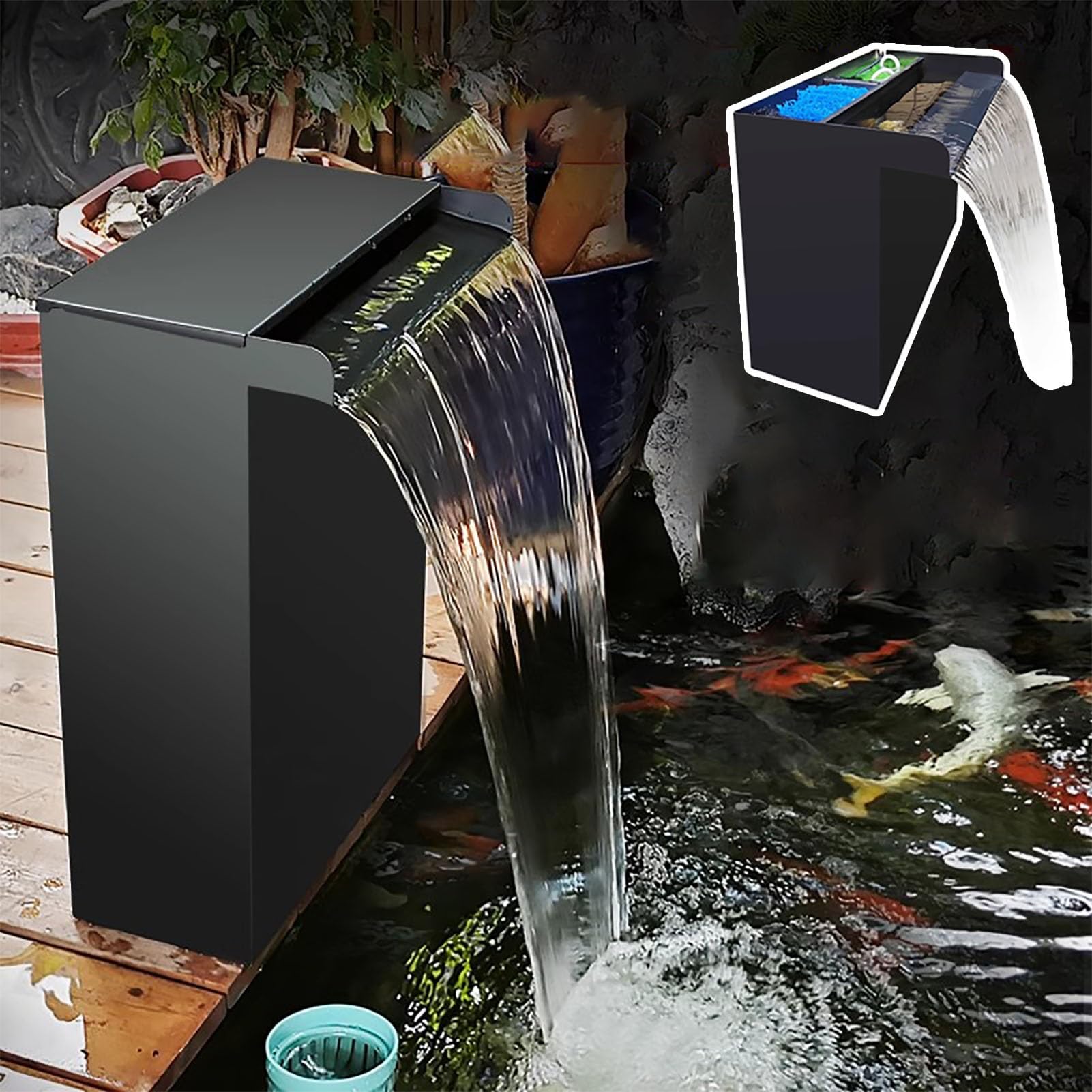Scatola filtro a cascata di alta qualità per stagni e piscine, kit di fuoriuscita in acciaio inox per una migliore filtrazione del flusso d'acqua e un aspetto estetico, ideale per le caratteristiche