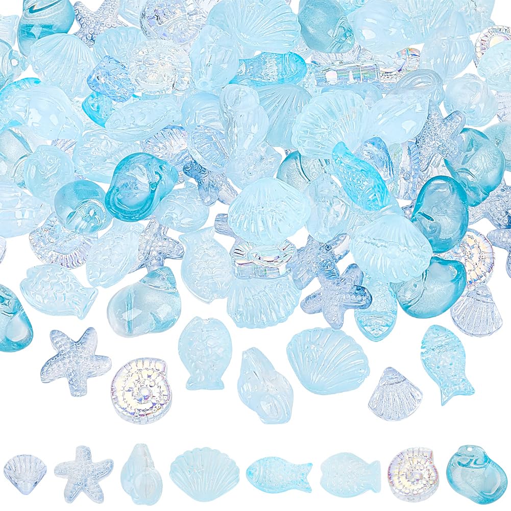 SUNNYCLUE 120Pcs 8 Styles Blue Glass Beads Ocean Beads Bulk Cute Summer Sea Animal Scallop Starfish Fish Double Sided Loose Shell Spacers for Jewellery Making Supplies DIY Craft Necklace Bracelet — image 1