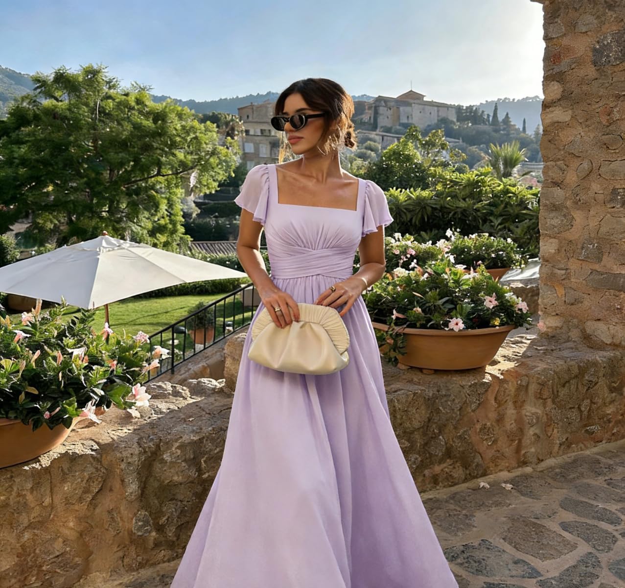 Flutter Sleeves Bridesmaid Dresses Square Neck Chiffon Maxi Dress A Line Formal Dress with Pocket ZU022